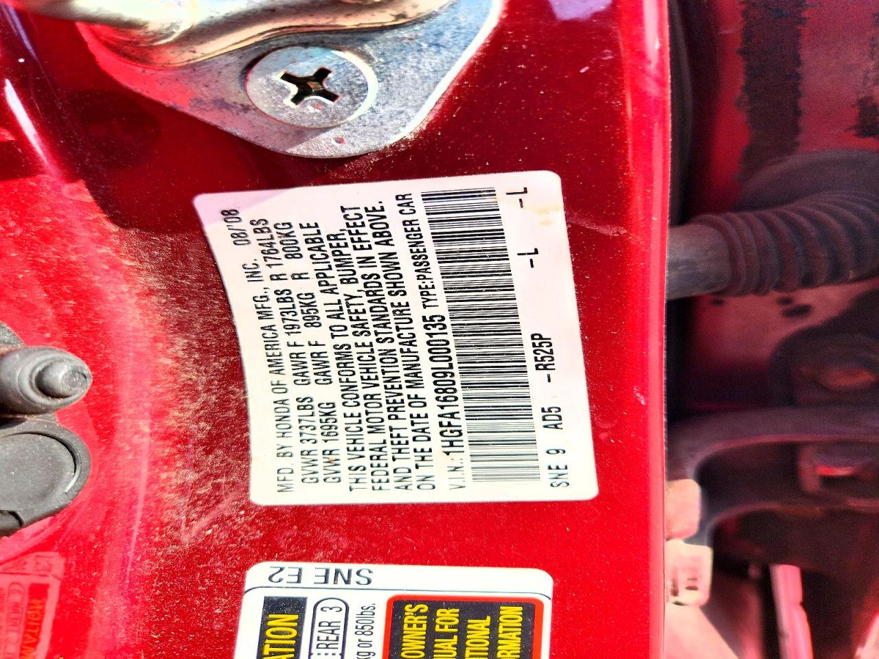 2009 Honda Civic Ex Red vin: 1HGFA16809L000135