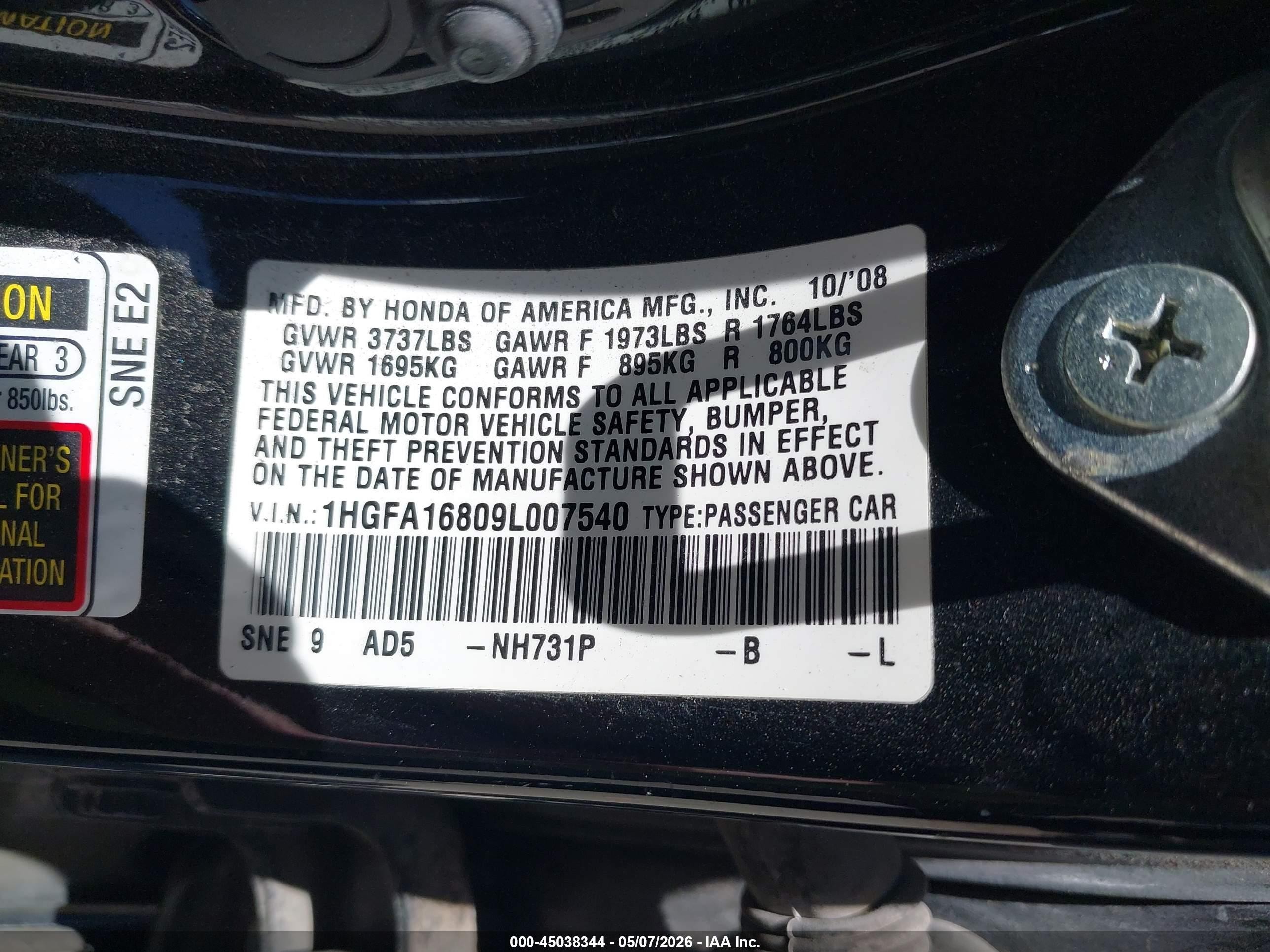 2009 Honda Civic Ex Black vin: 1HGFA16809L007540