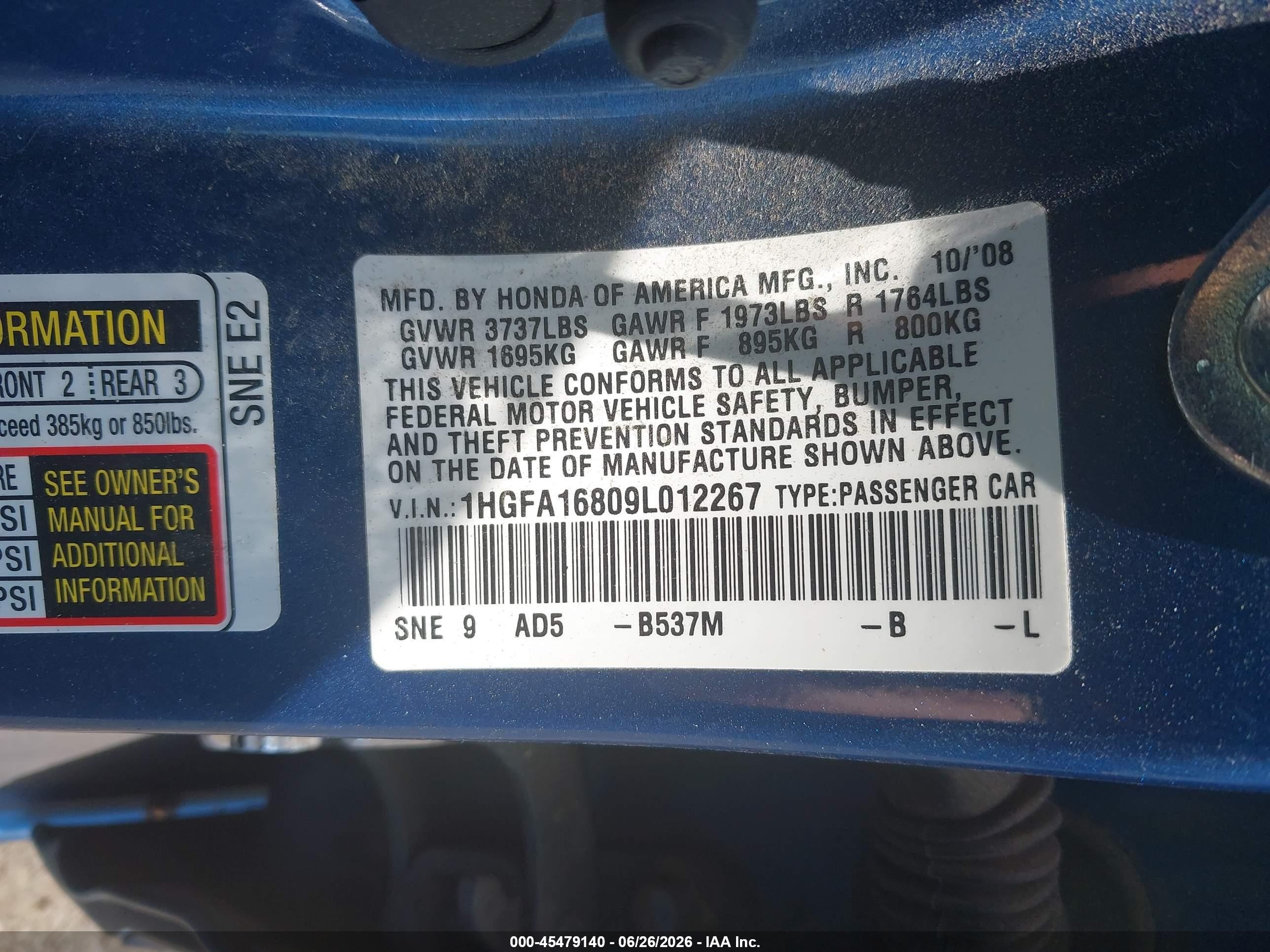 2009 Honda Civic Ex Blue vin: 1HGFA16809L012267