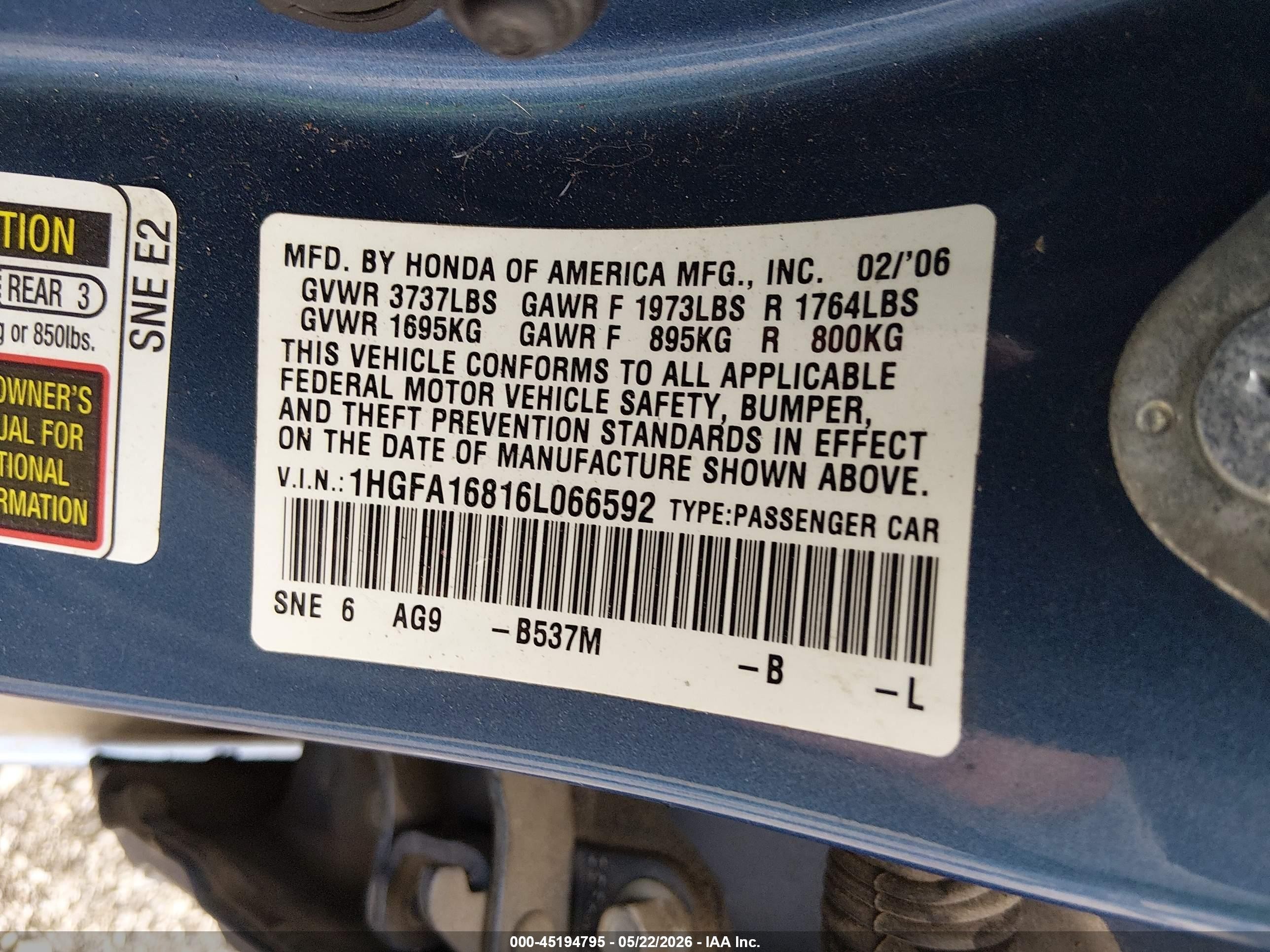 2006 Honda Civic Ex Синий vin: 1HGFA16816L066592