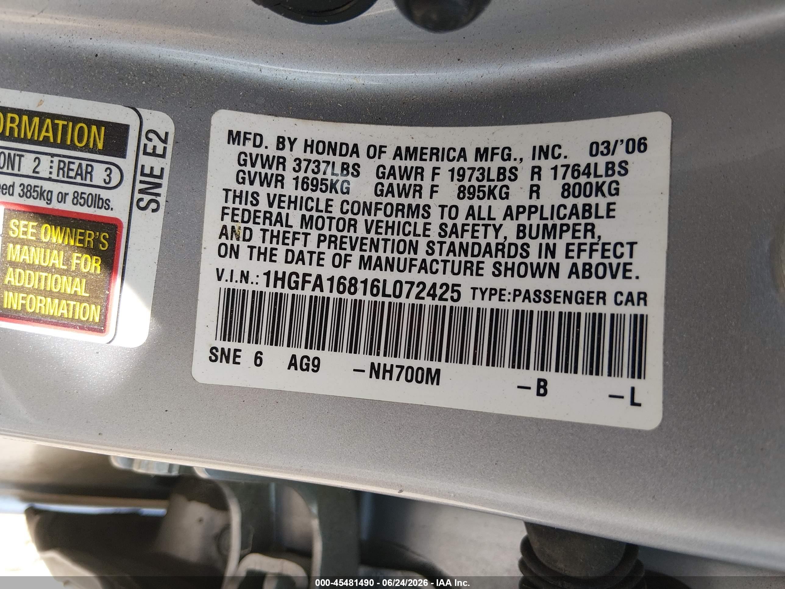 2006 Honda Civic Ex Silver vin: 1HGFA16816L072425