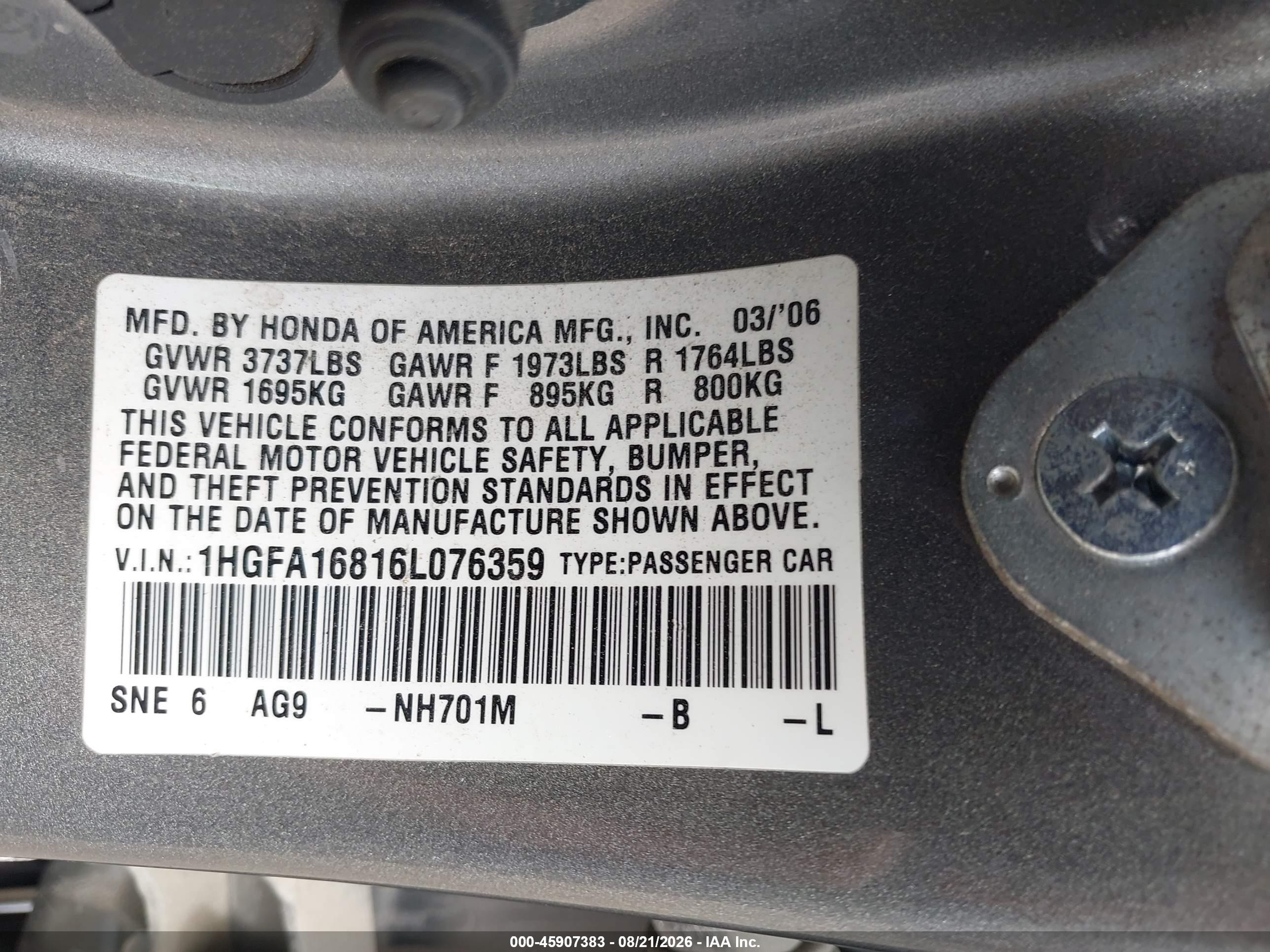 2006 Honda Civic Ex Серый vin: 1HGFA16816L076359
