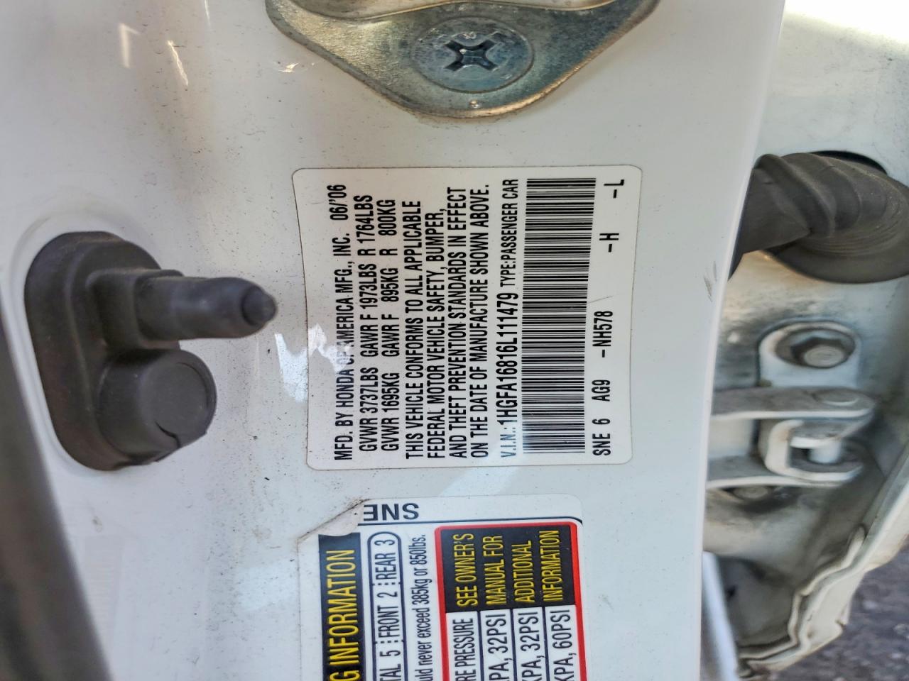 2006 Honda Civic Ex Белый vin: 1HGFA16816L111479
