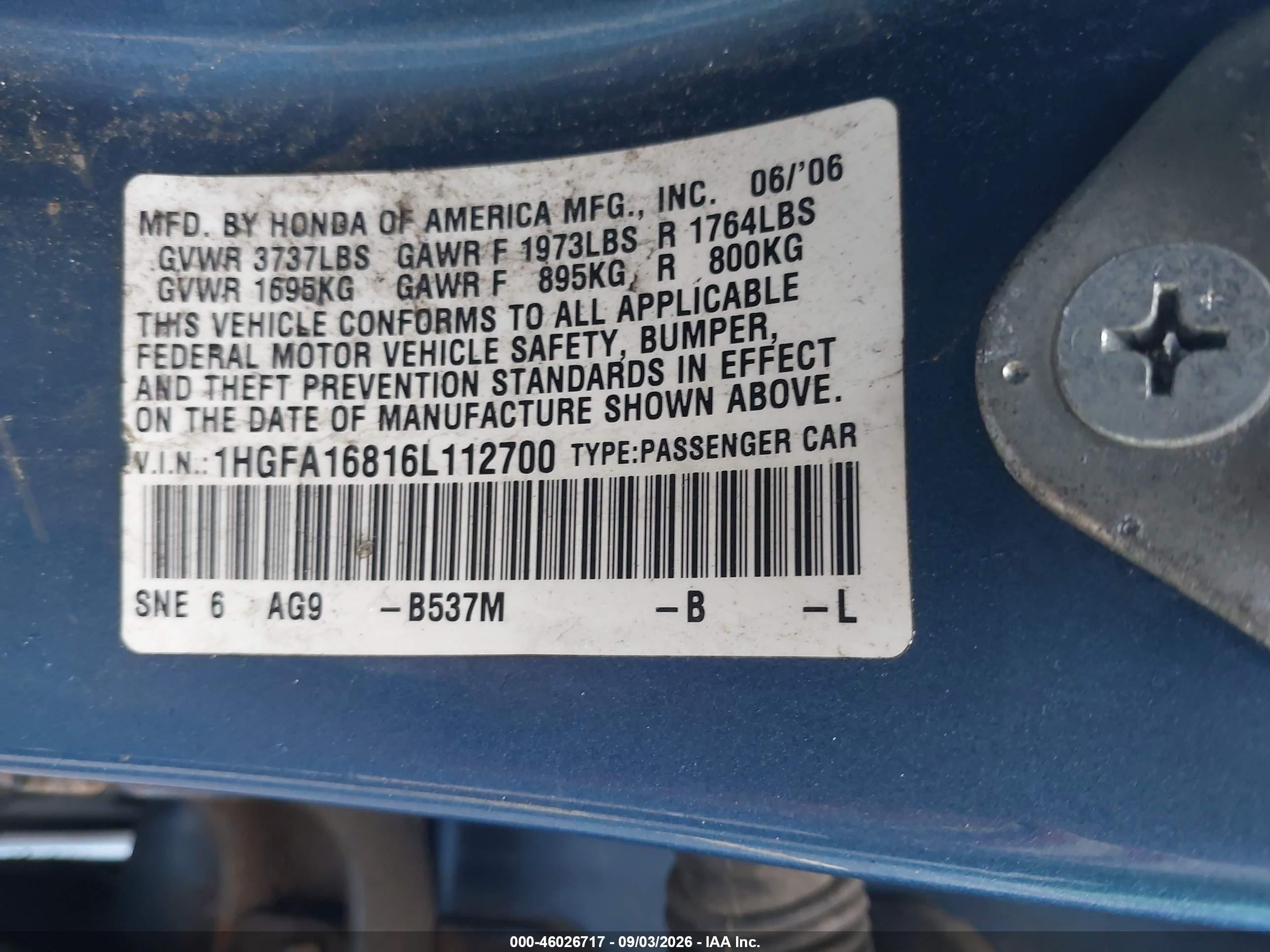 2006 Honda Civic Ex Blue vin: 1HGFA16816L112700