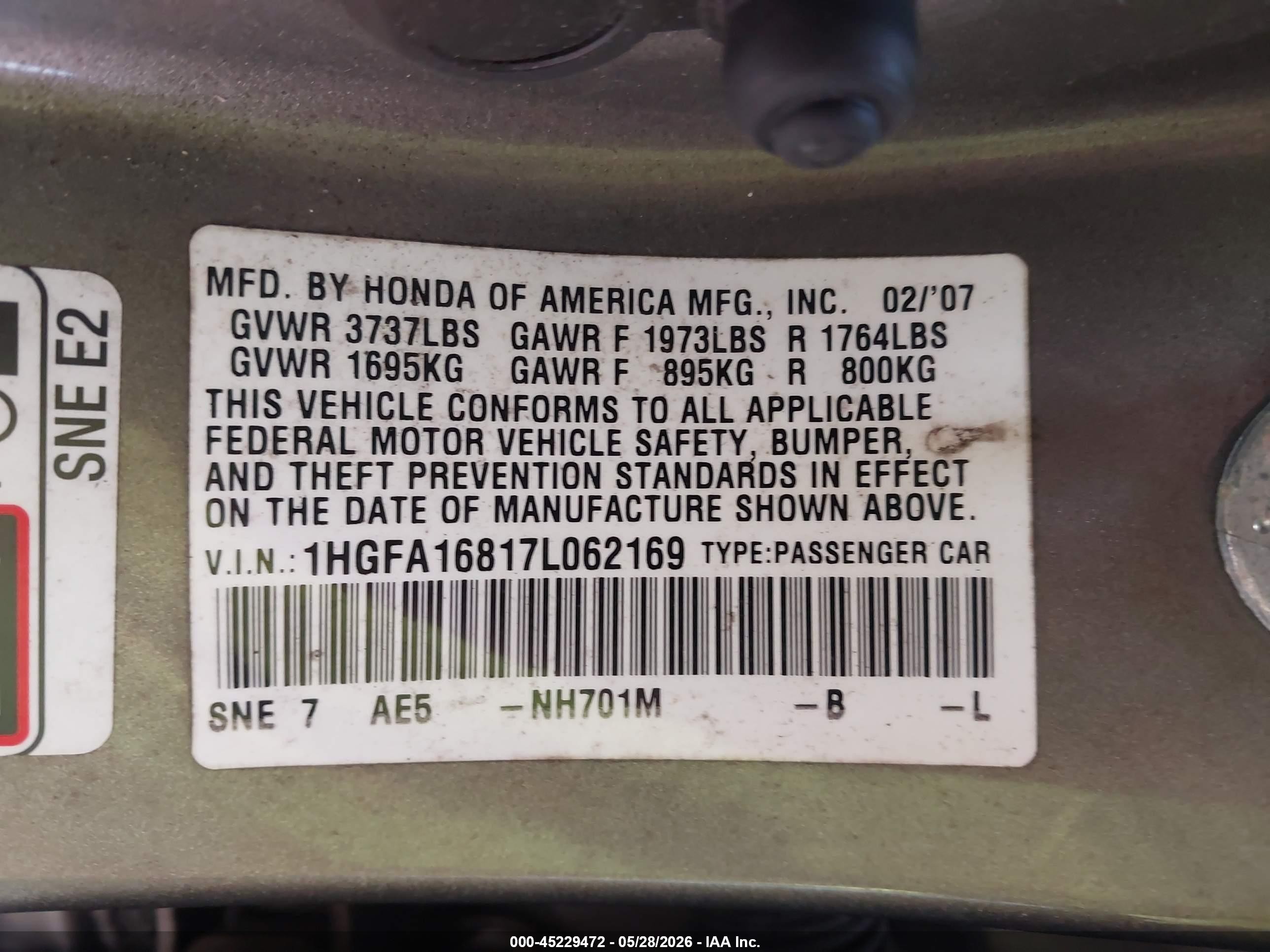 2007 Honda Civic Ex Gray vin: 1HGFA16817L062169