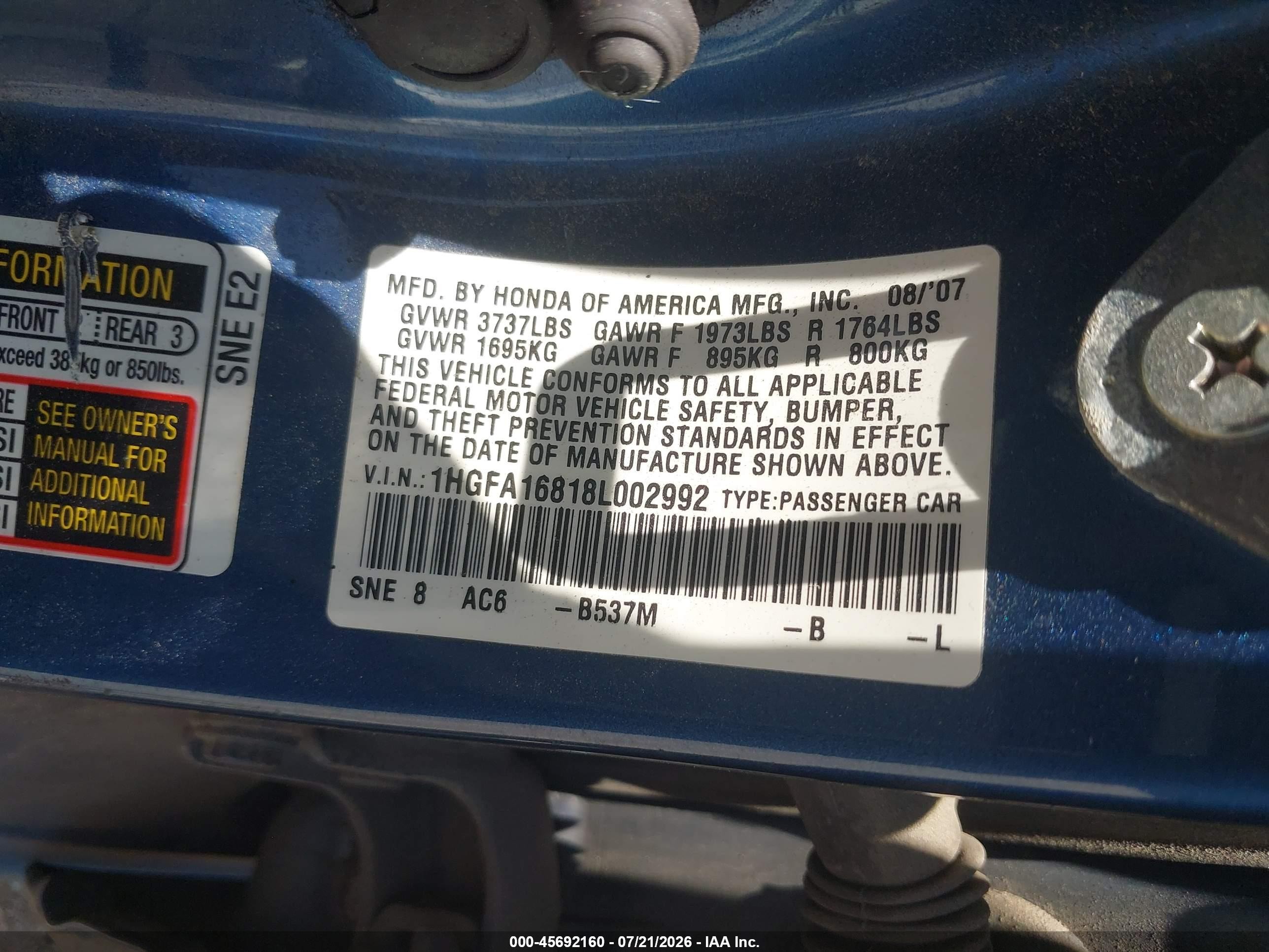 2008 Honda Civic Ex Blue vin: 1HGFA16818L002992