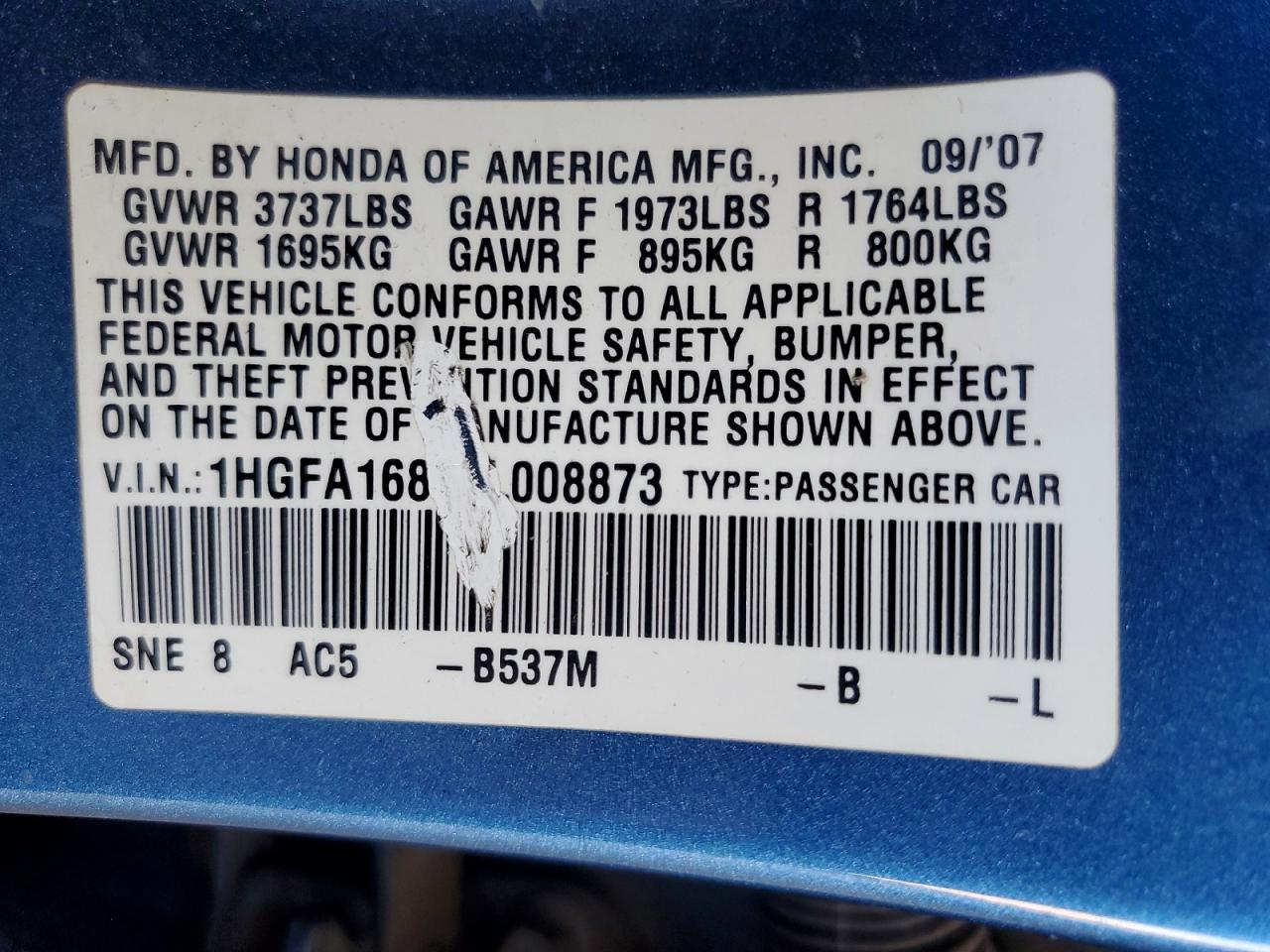2008 Honda Civic Ex Blue vin: 1HGFA16818L008873