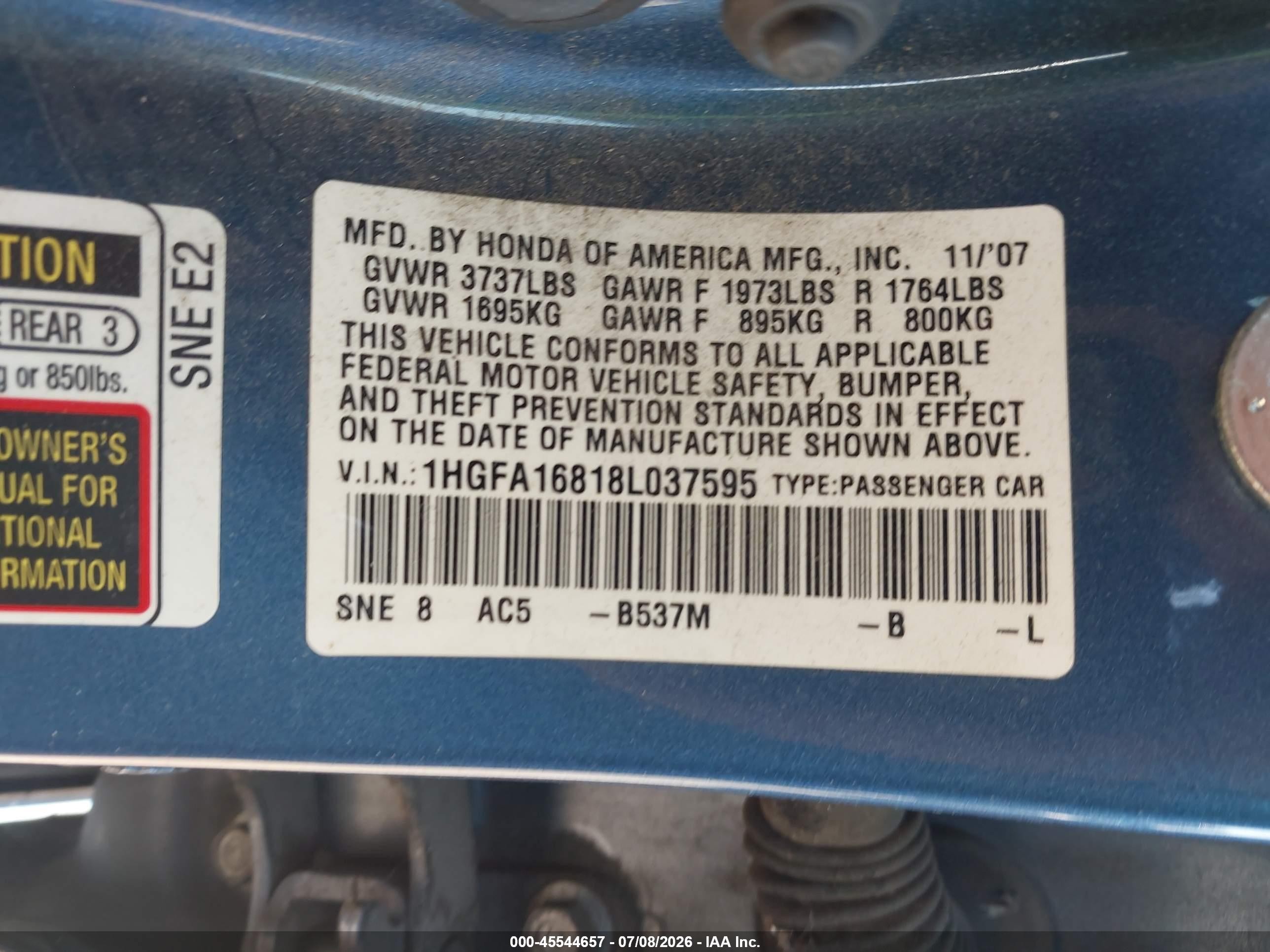 2008 Honda Civic Ex Blue vin: 1HGFA16818L037595
