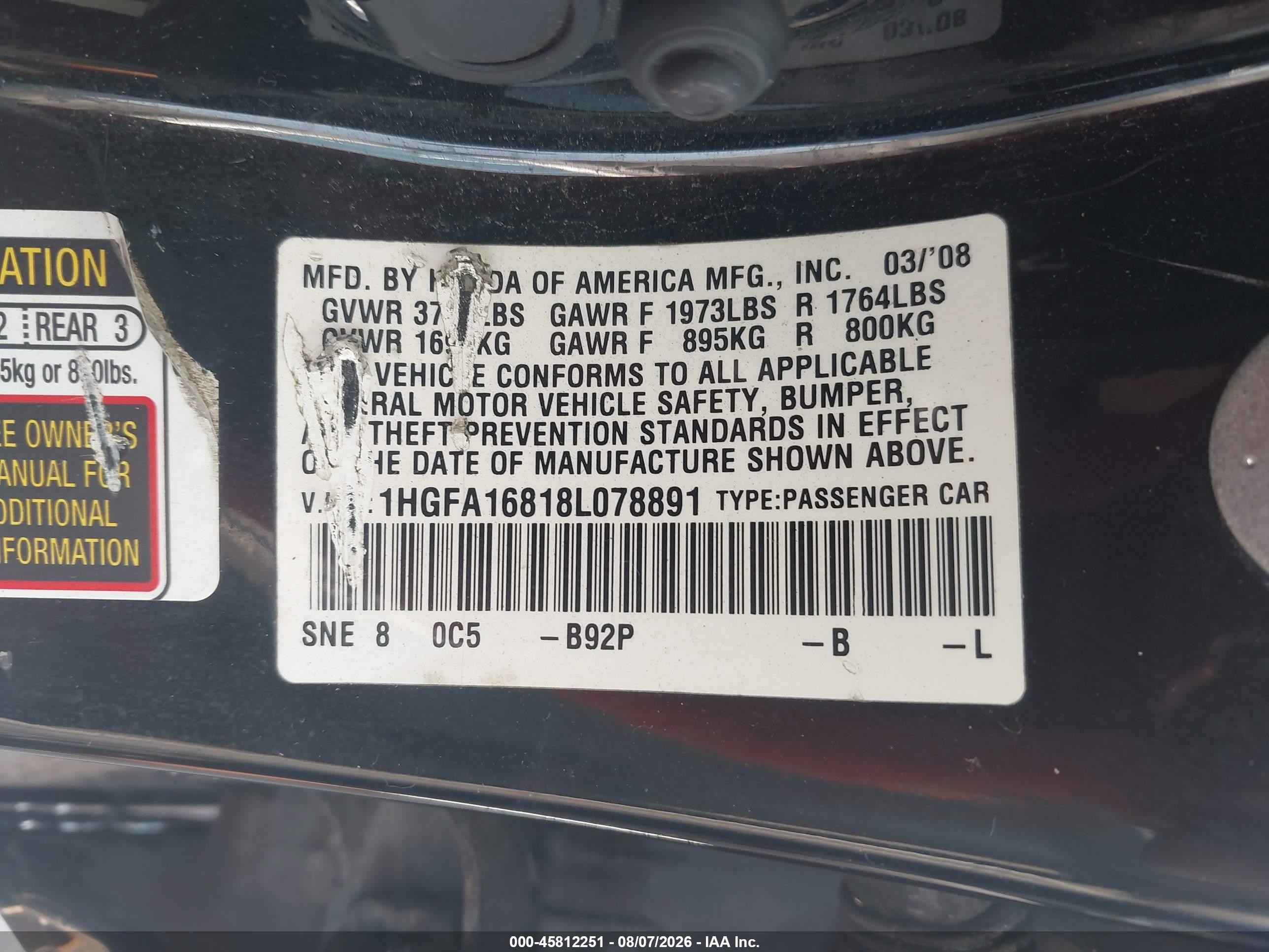 2008 Honda Civic Ex Black vin: 1HGFA16818L078891