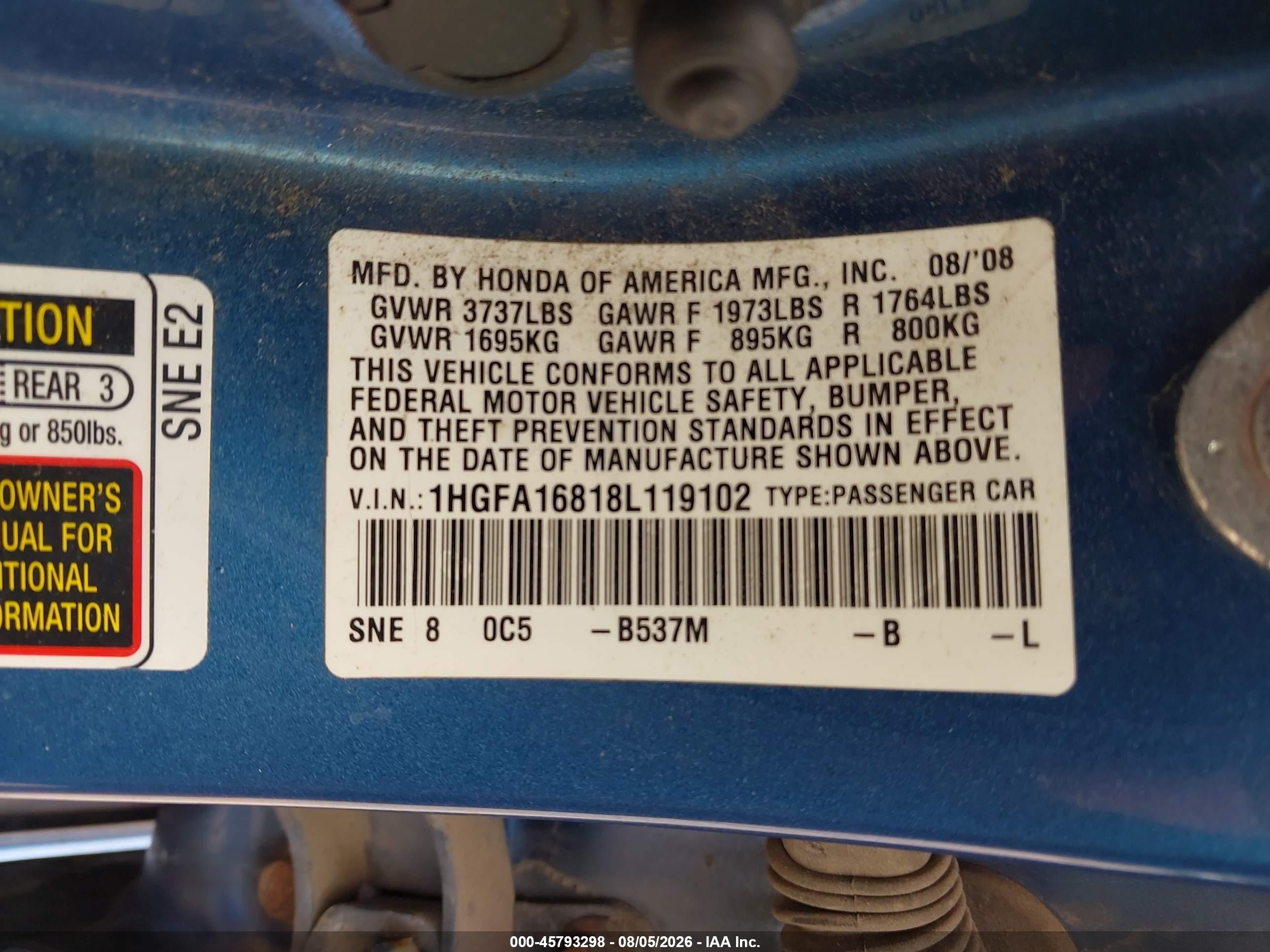 2008 Honda Civic Ex Синий vin: 1HGFA16818L119102