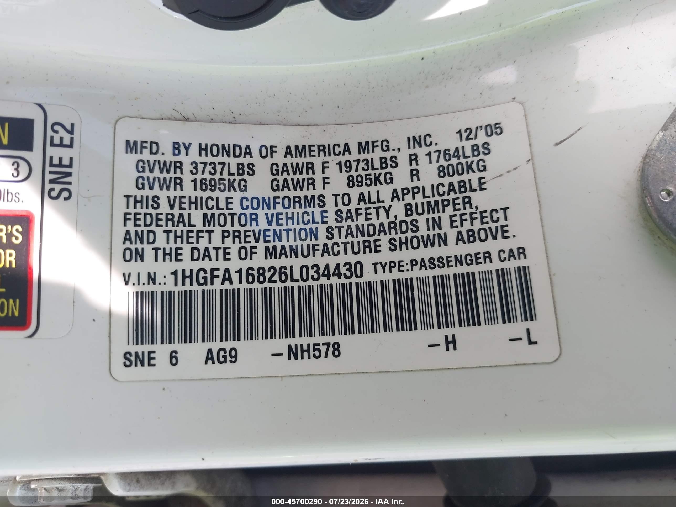 2006 Honda Civic Ex White vin: 1HGFA16826L034430
