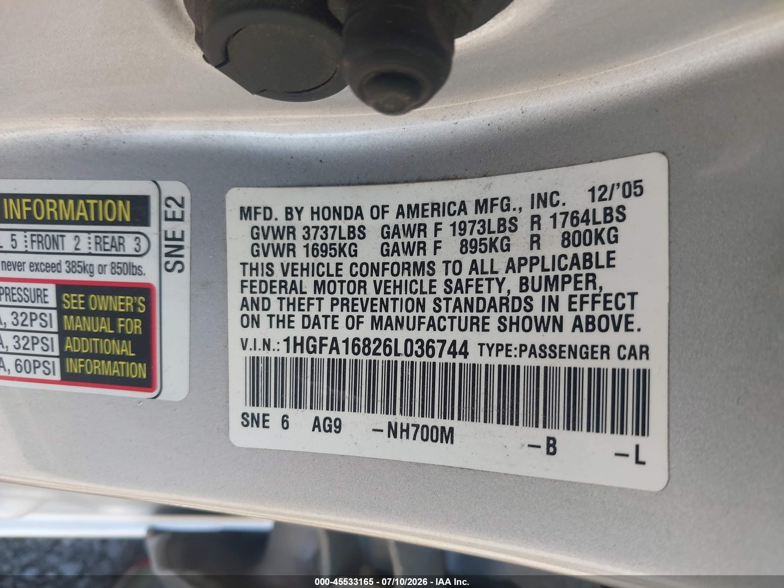 2006 Honda Civic Ex Silver vin: 1HGFA16826L036744