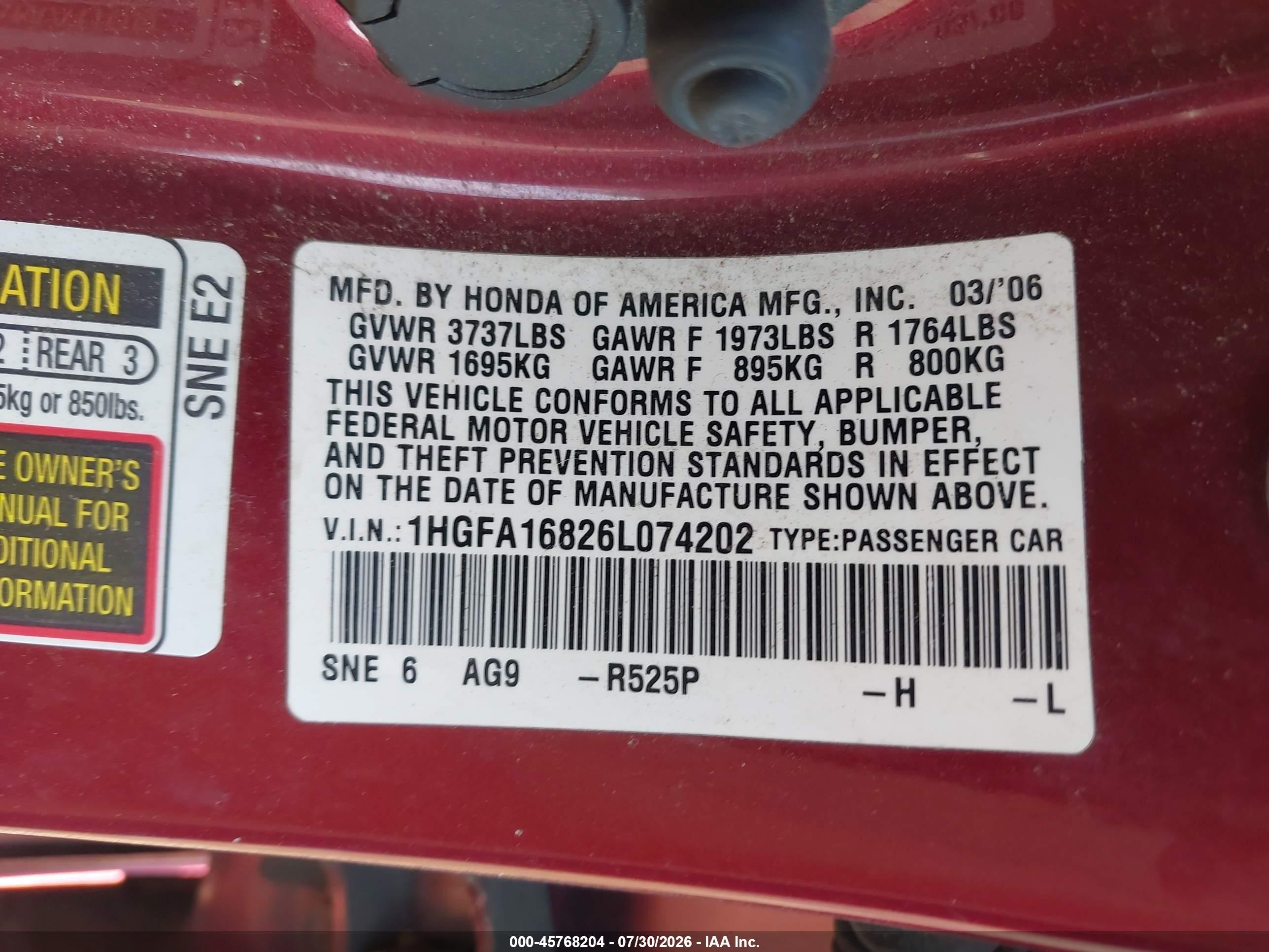 2006 Honda Civic Ex Красный vin: 1HGFA16826L074202