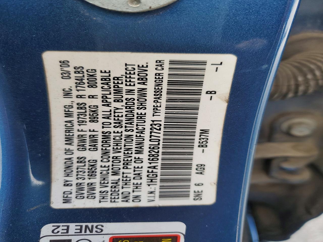 2006 Honda Civic Ex Blue vin: 1HGFA16826L077231