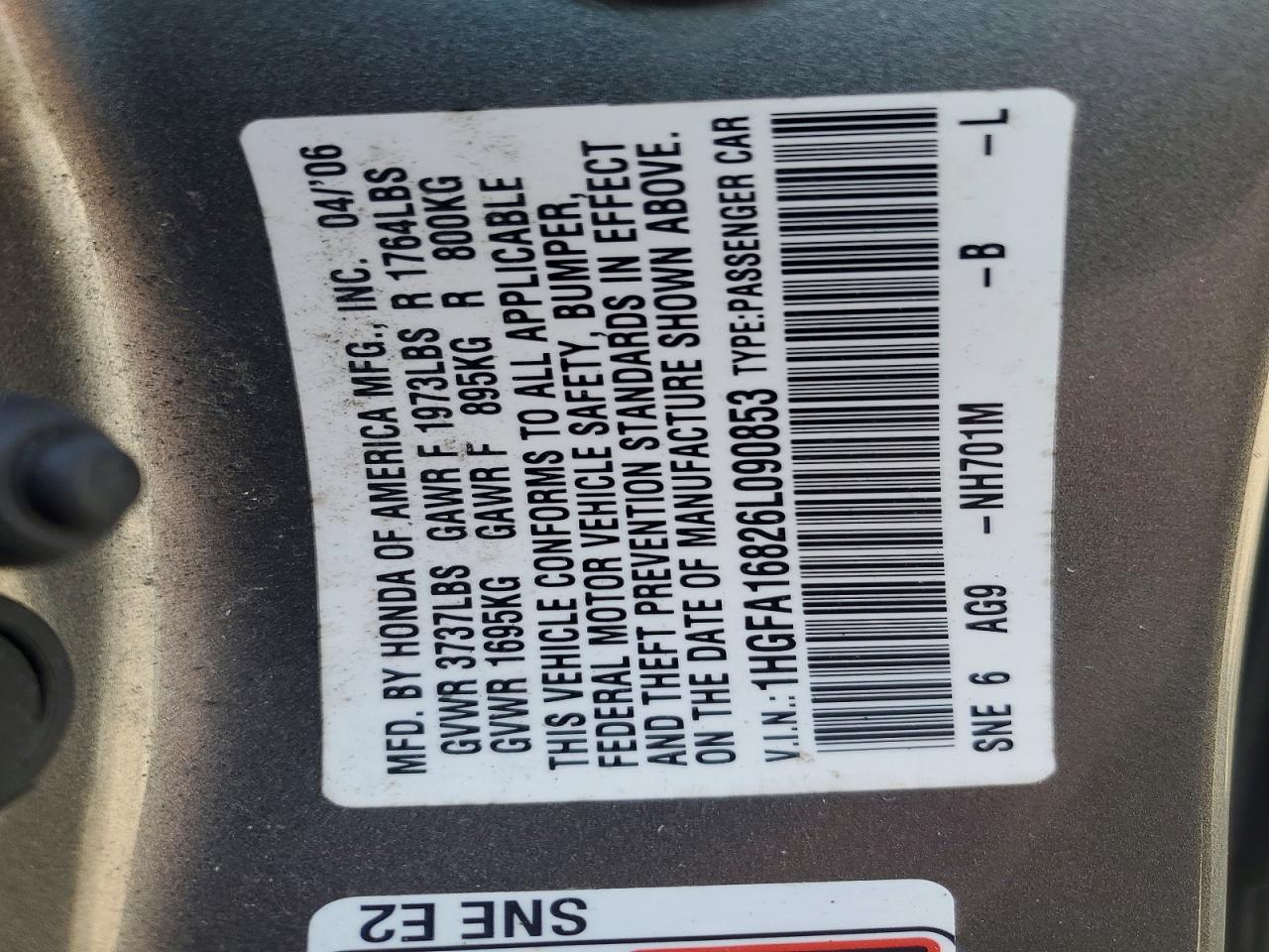 2006 Honda Civic Ex Silver vin: 1HGFA16826L090853