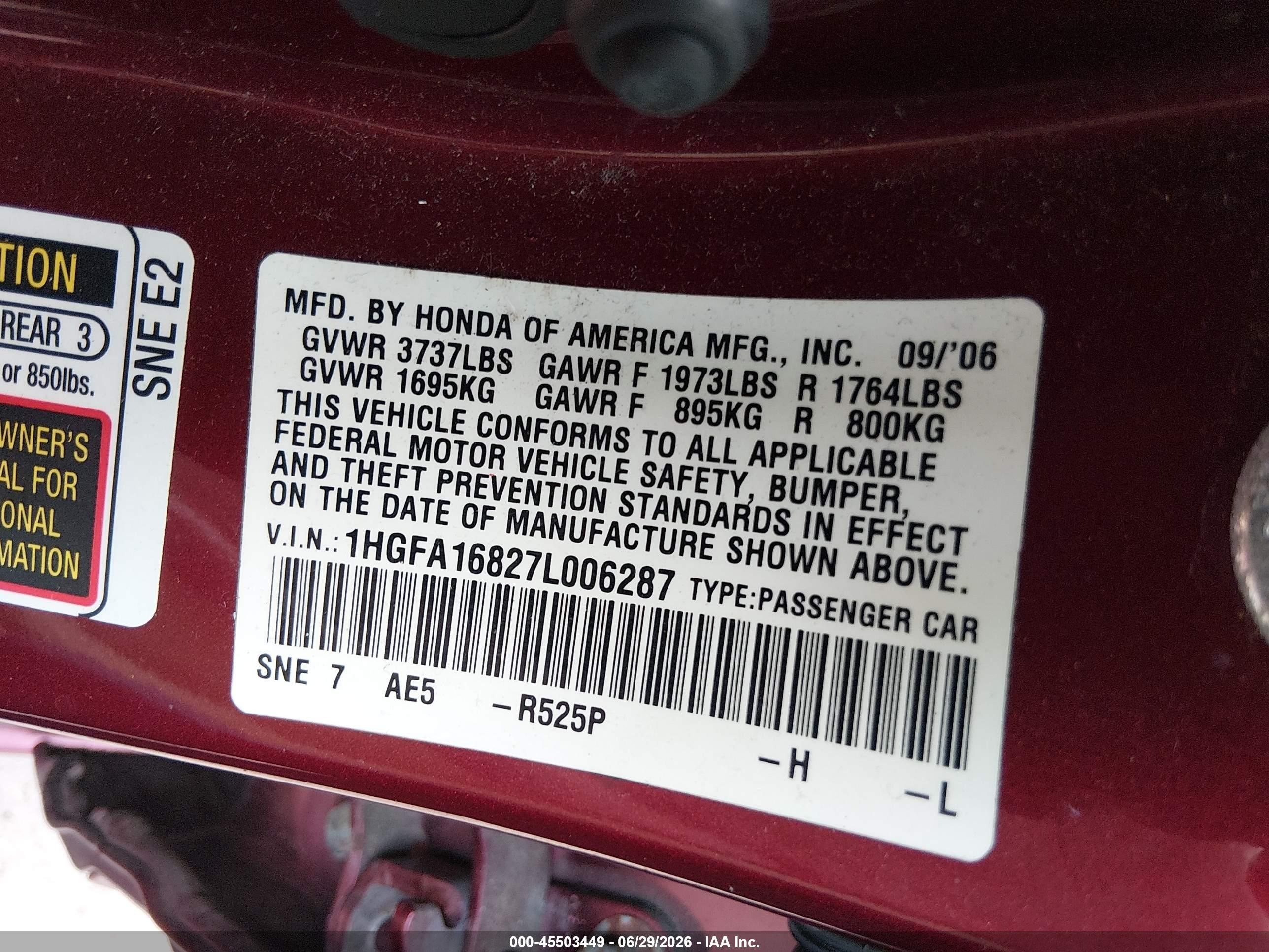 2007 Honda Civic Ex Burgundy vin: 1HGFA16827L006287