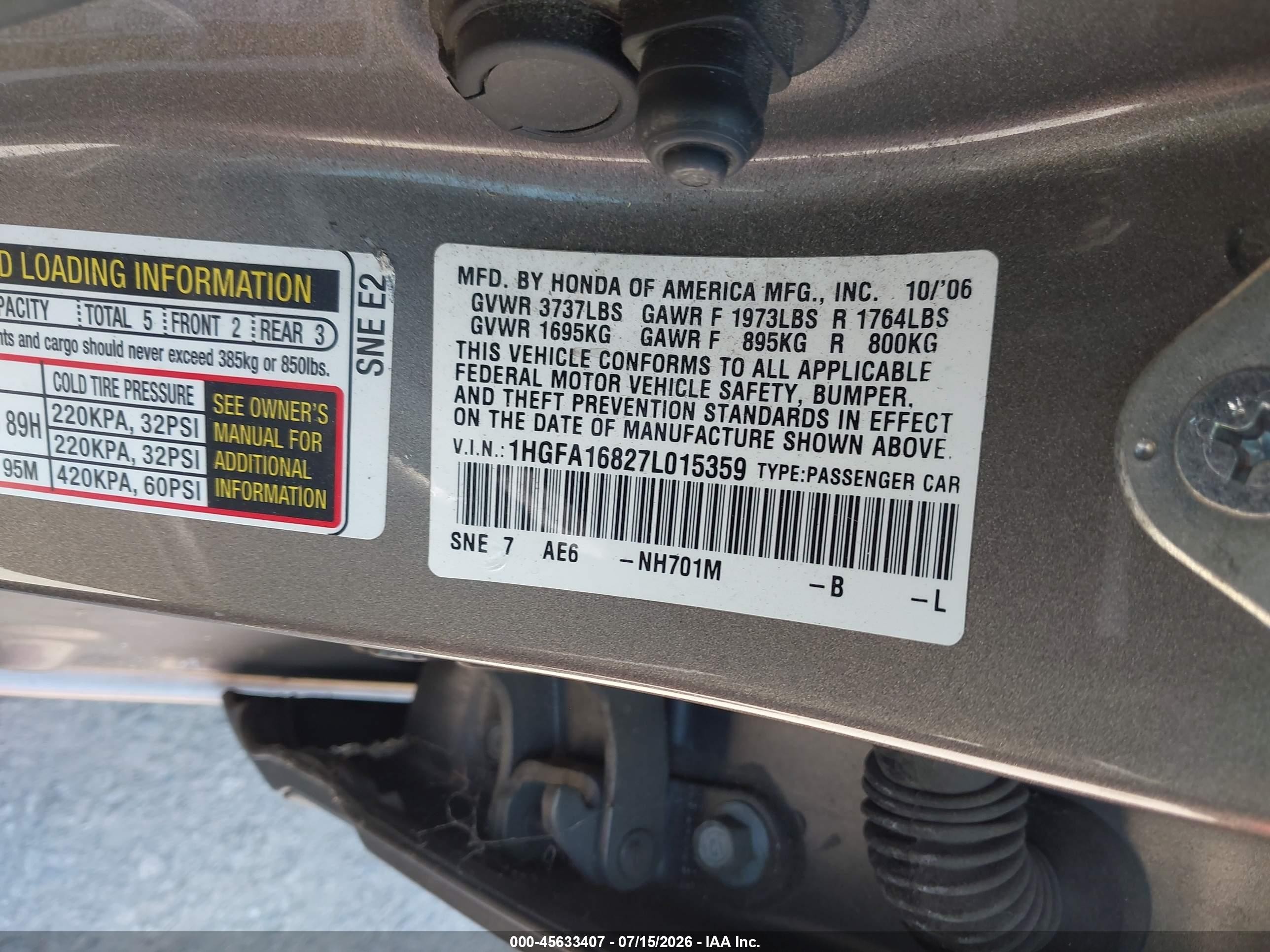 2007 Honda Civic Ex Brown vin: 1HGFA16827L015359