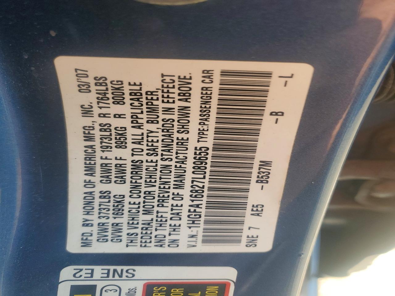 2007 Honda Civic Ex Blue vin: 1HGFA16827L089655