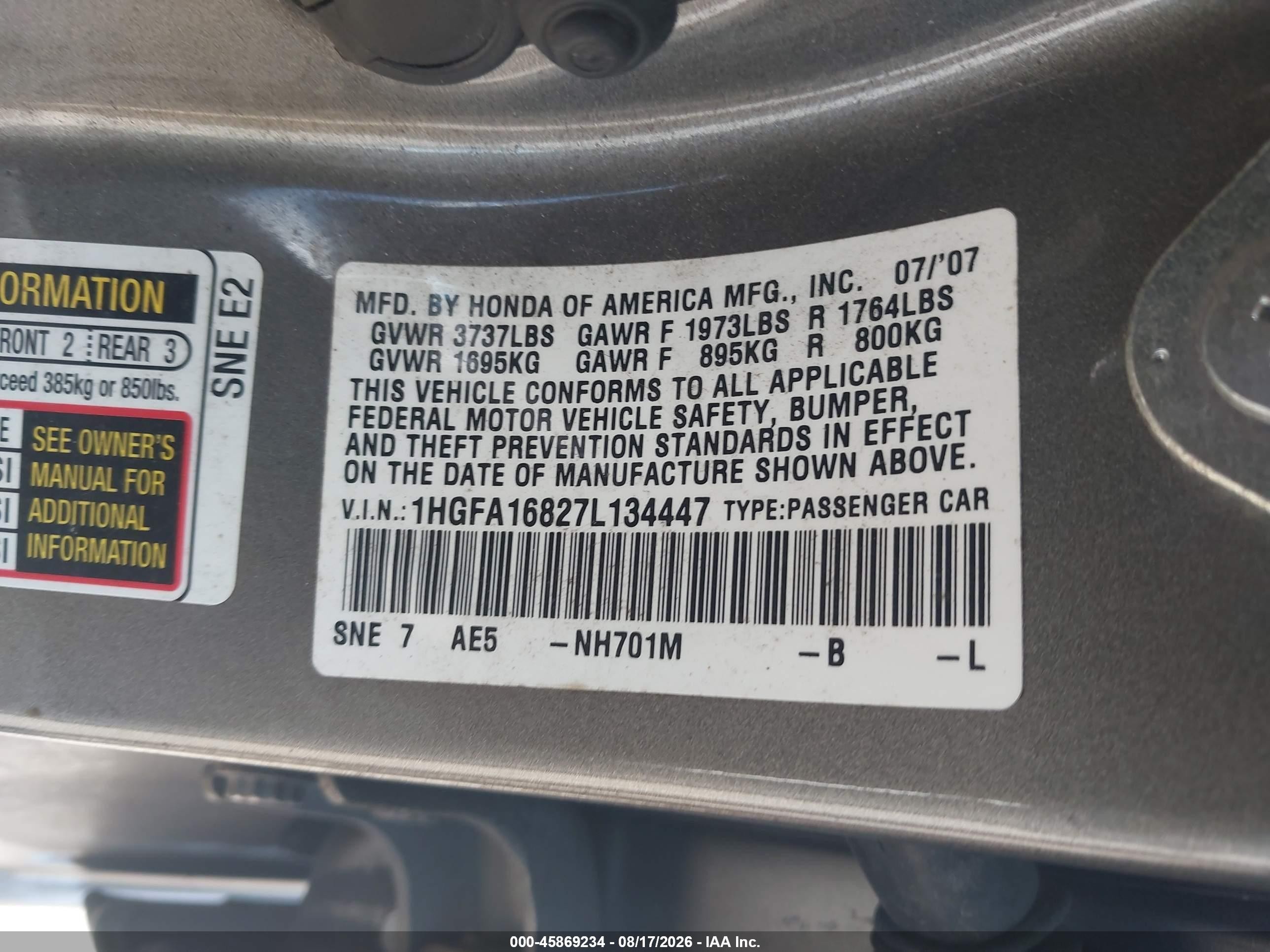 2007 Honda Civic Ex Gray vin: 1HGFA16827L134447
