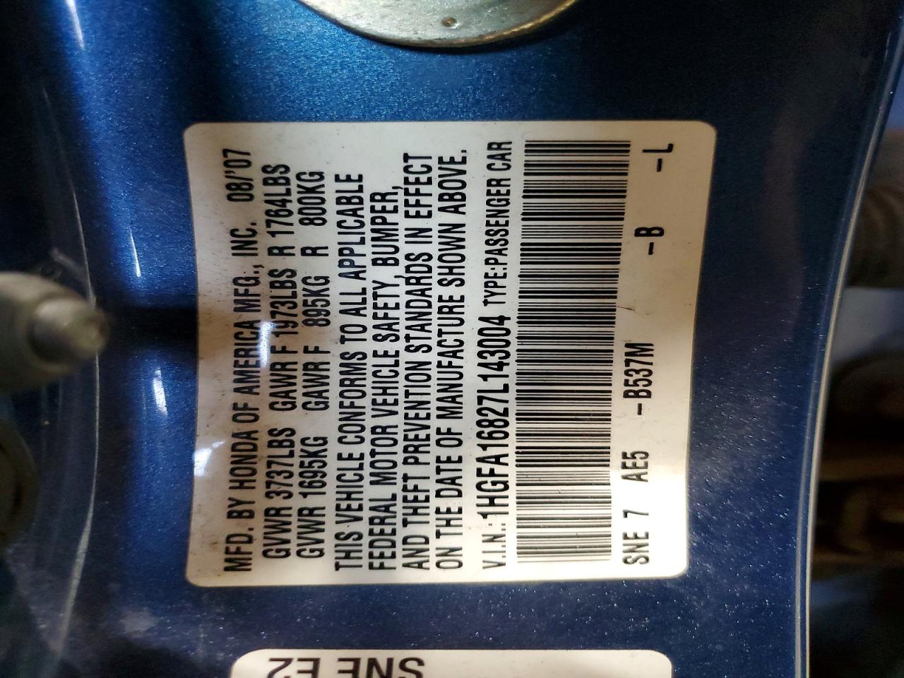 2007 Honda Civic Ex Blue vin: 1HGFA16827L143004