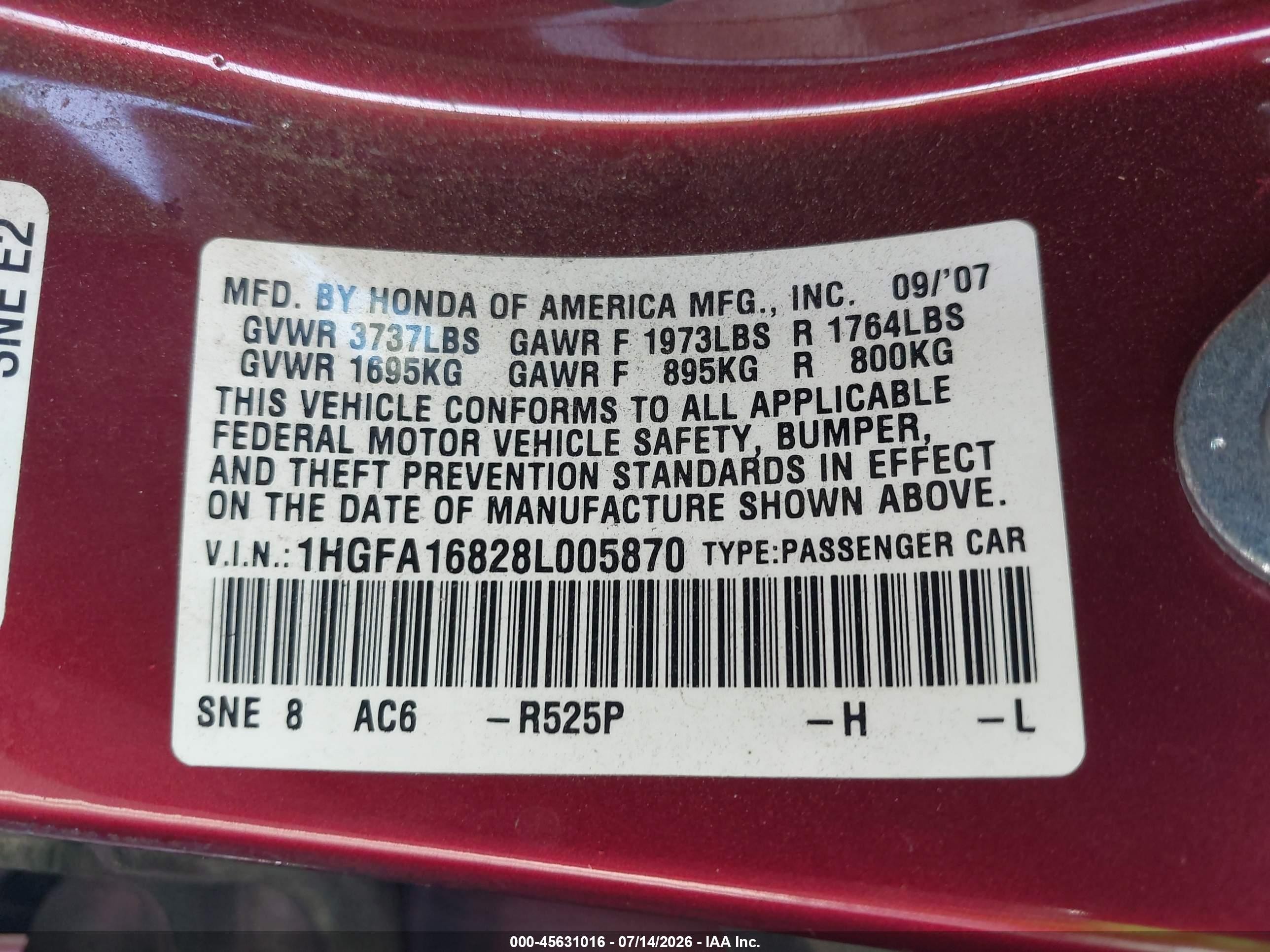 2008 Honda Civic Ex Red vin: 1HGFA16828L005870