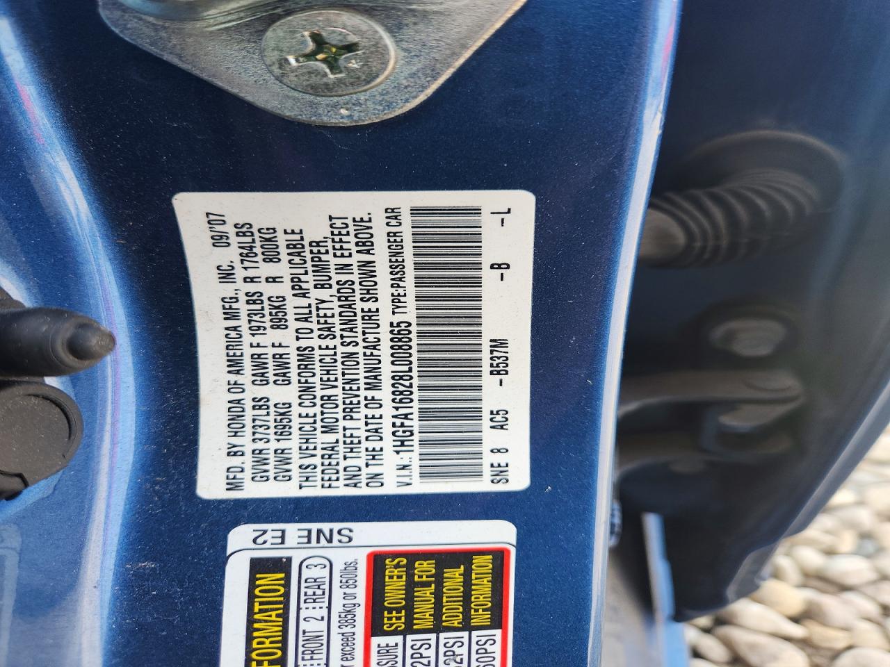 2008 Honda Civic Ex Blue vin: 1HGFA16828L008865