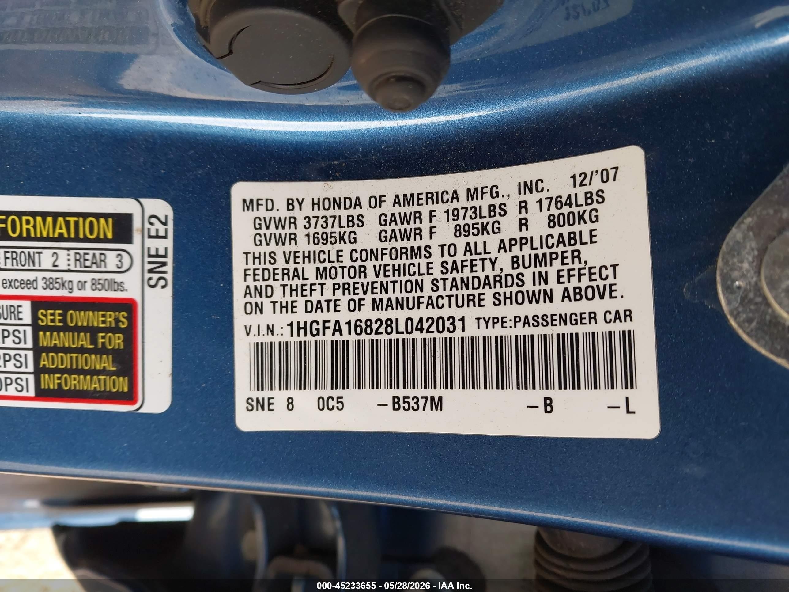 2008 Honda Civic Ex Blue vin: 1HGFA16828L042031