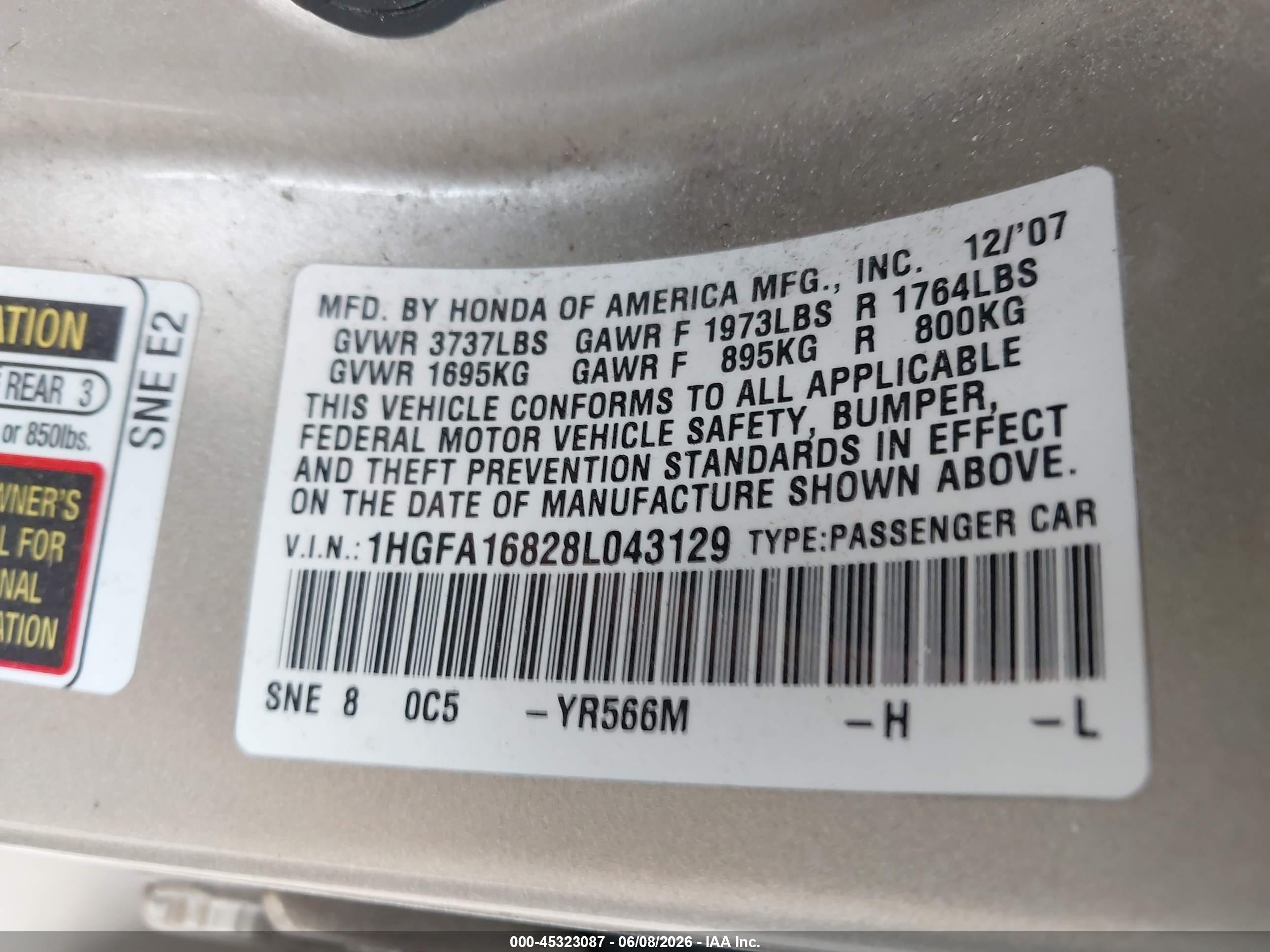 2008 Honda Civic Ex Gold vin: 1HGFA16828L043129