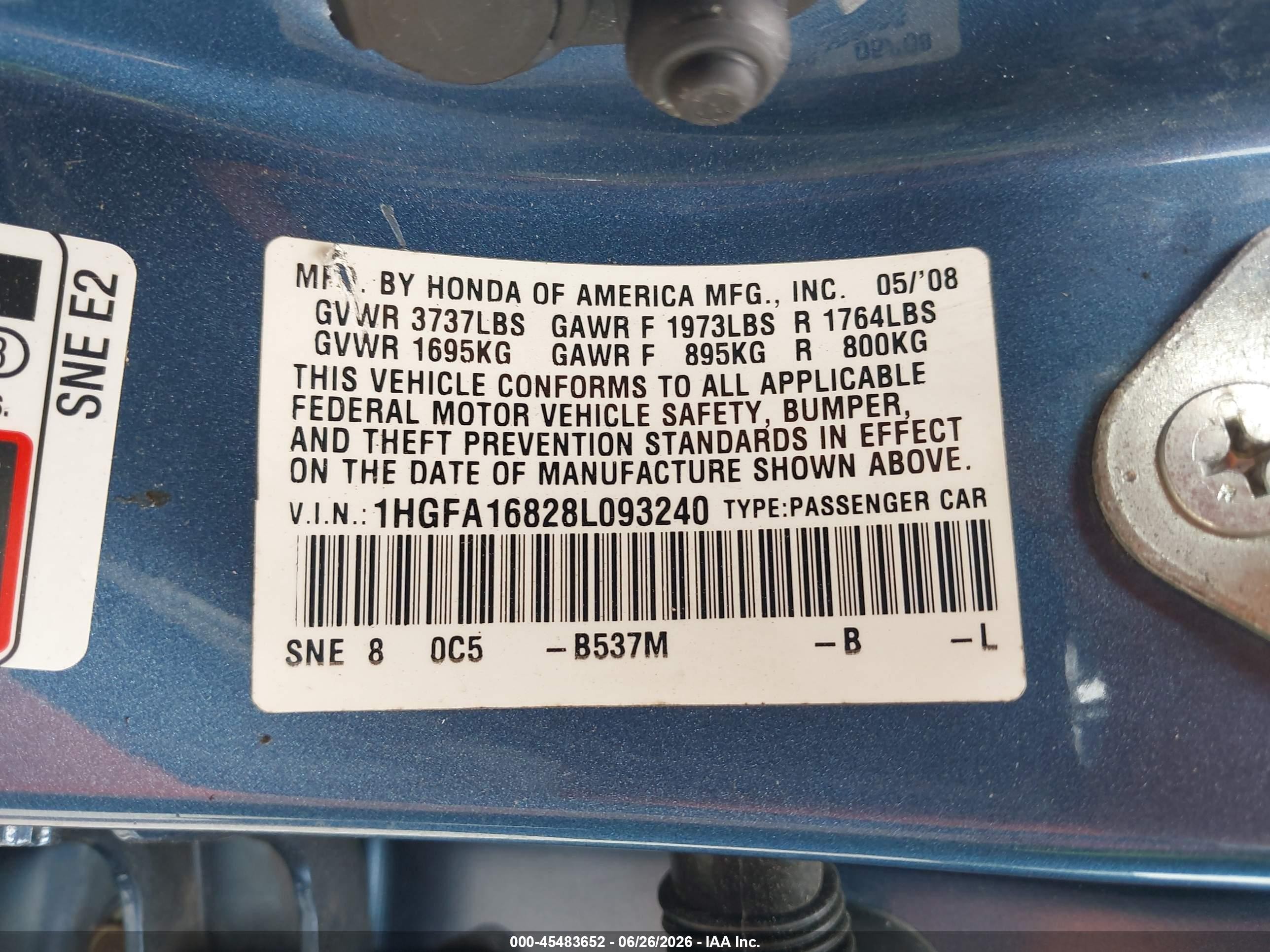 2008 Honda Civic Ex Blue vin: 1HGFA16828L093240