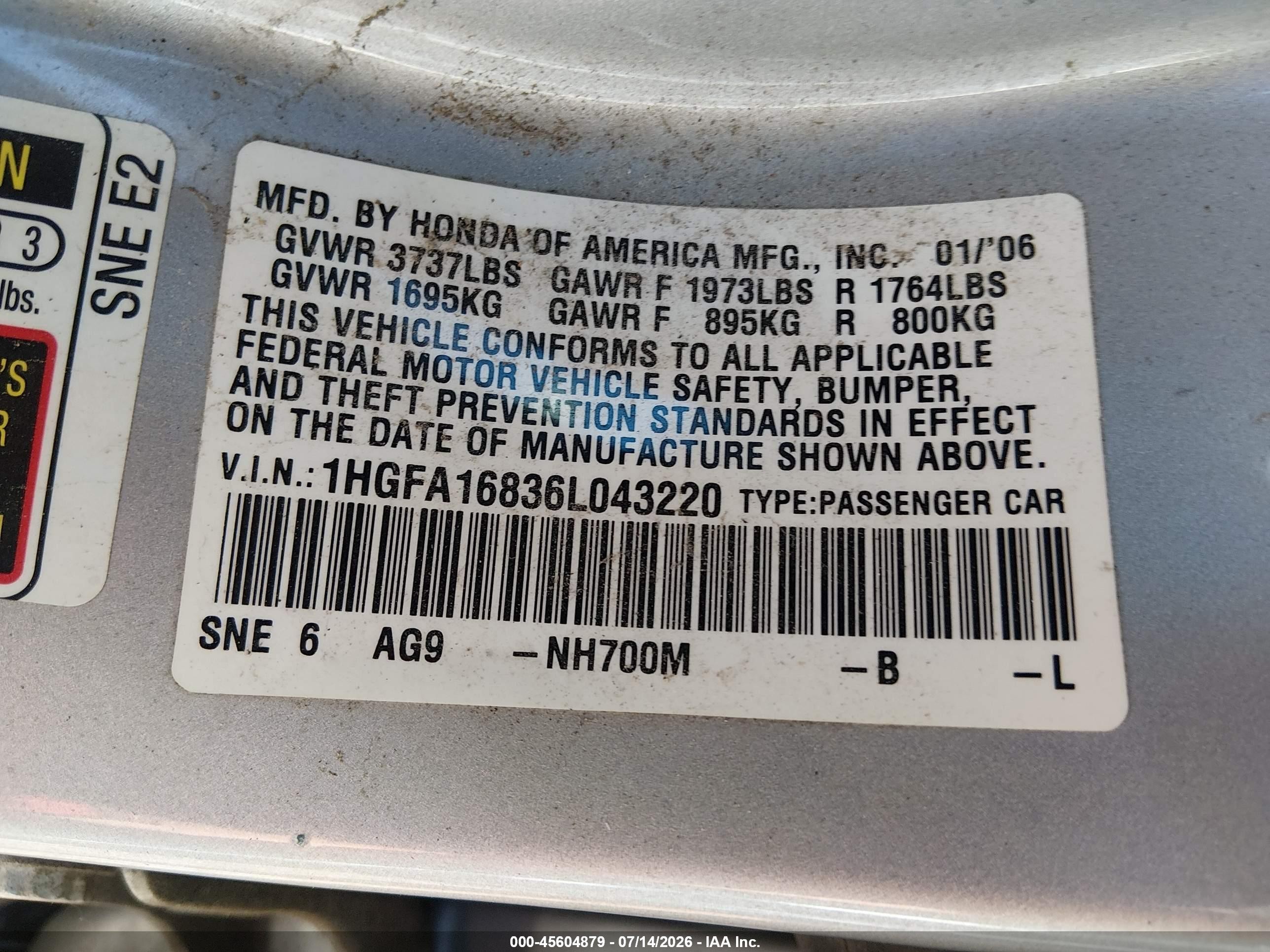 2006 Honda Civic Ex Gray vin: 1HGFA16836L043220