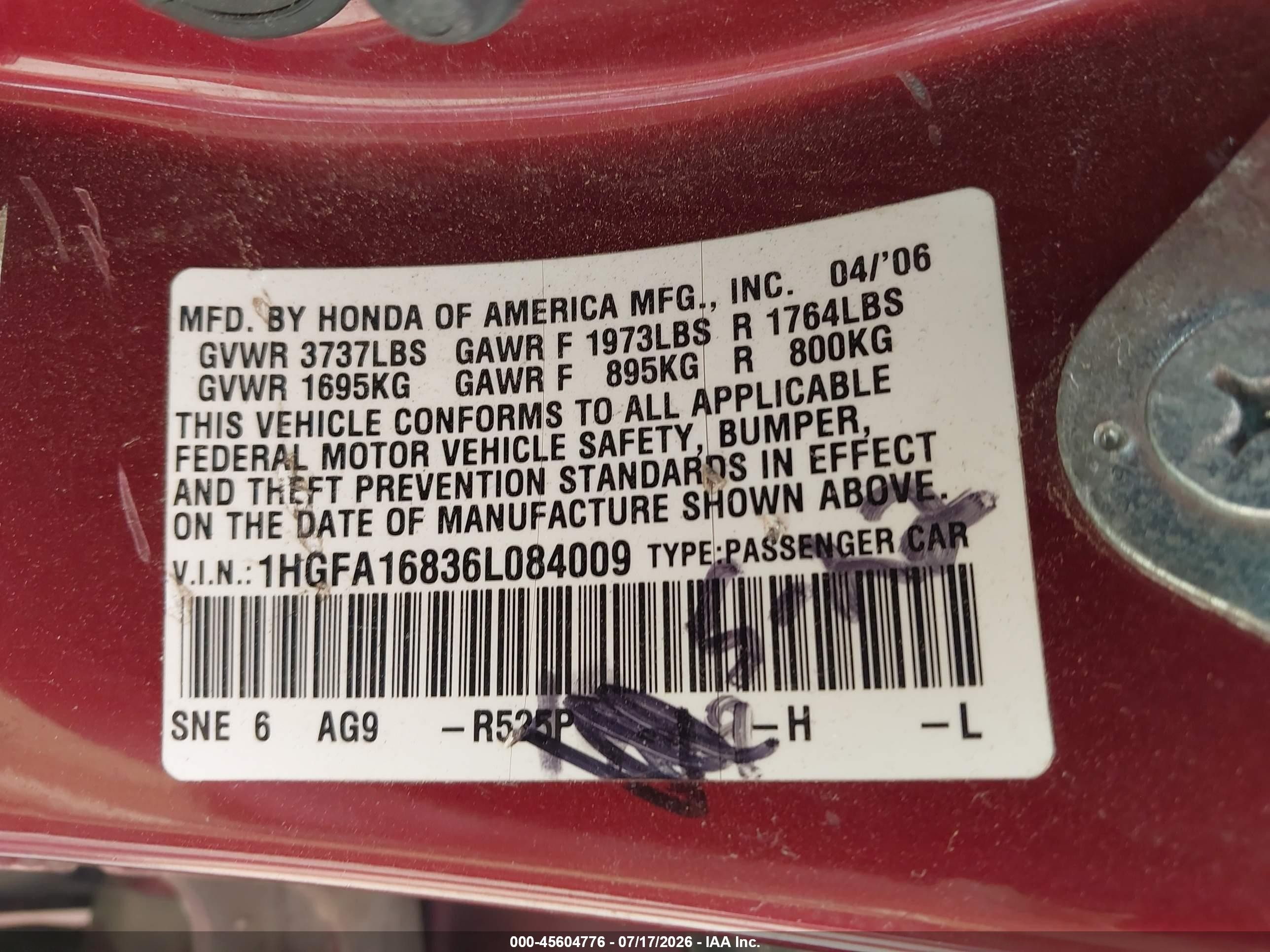 2006 Honda Civic Ex Red vin: 1HGFA16836L084009