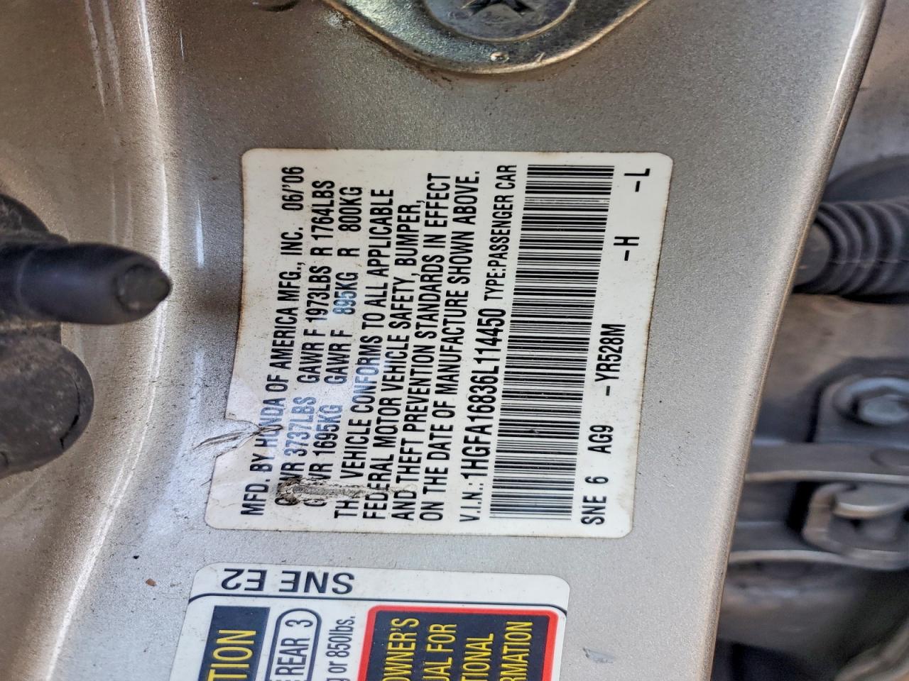 2006 Honda Civic Ex Beige vin: 1HGFA16836L114450