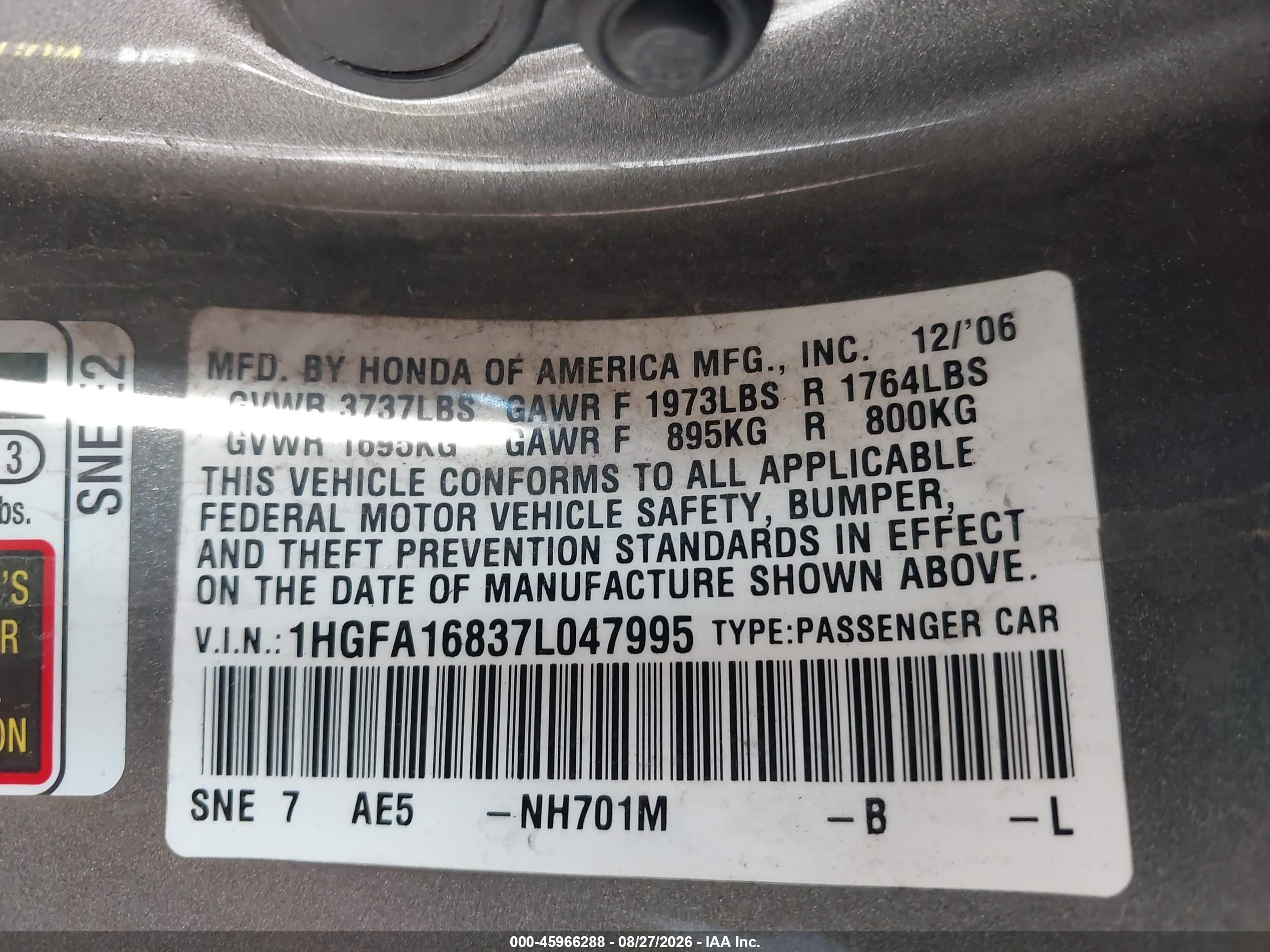 2007 Honda Civic Ex Gray vin: 1HGFA16837L047995
