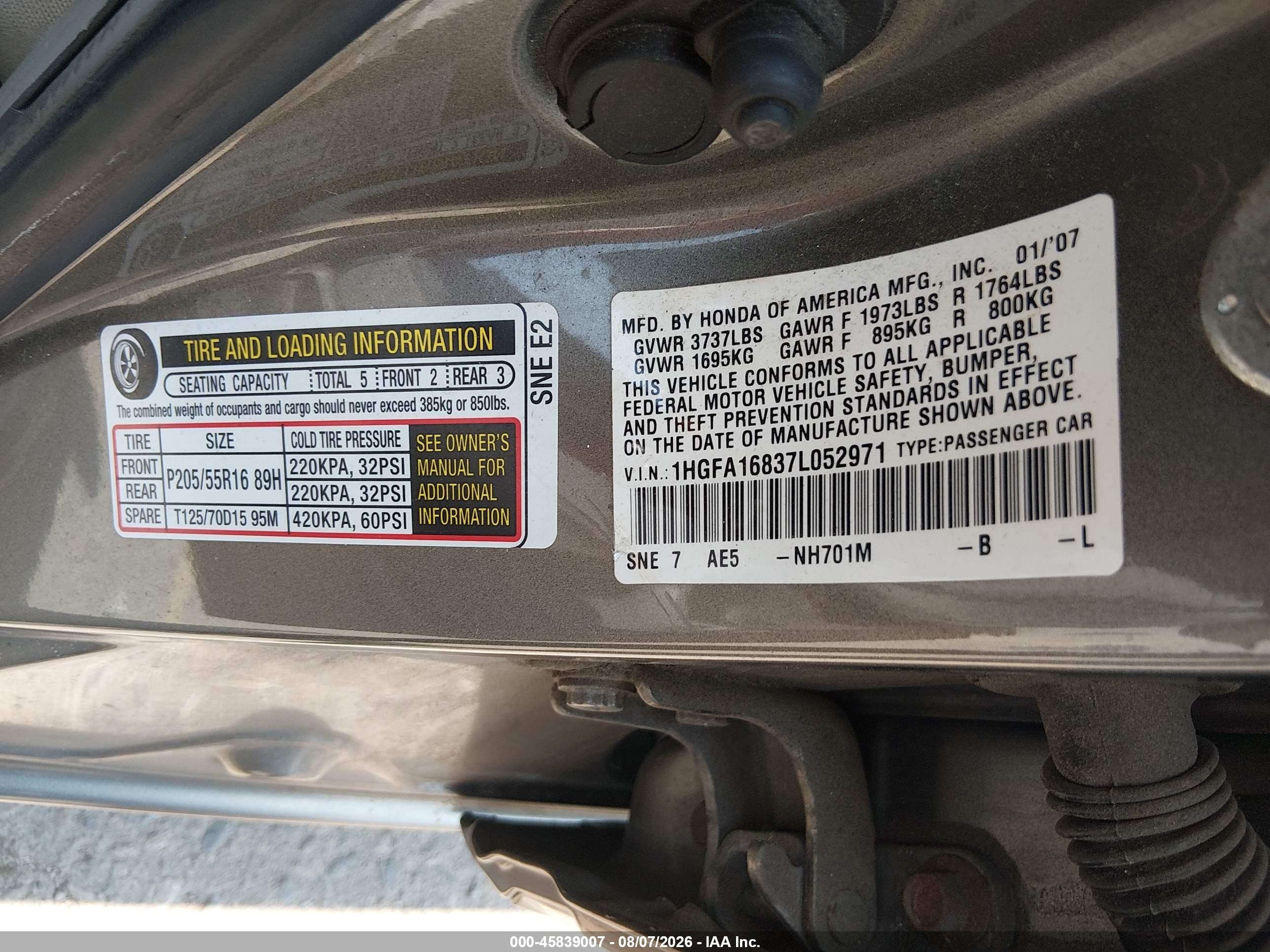 2007 Honda Civic Ex Gray vin: 1HGFA16837L052971