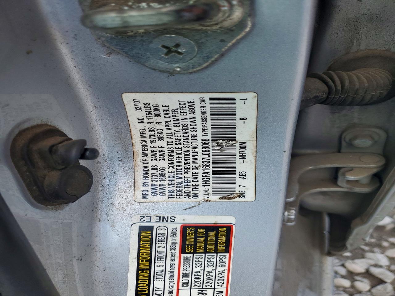 2007 Honda Civic Серый vin: 1HGFA16837L068068