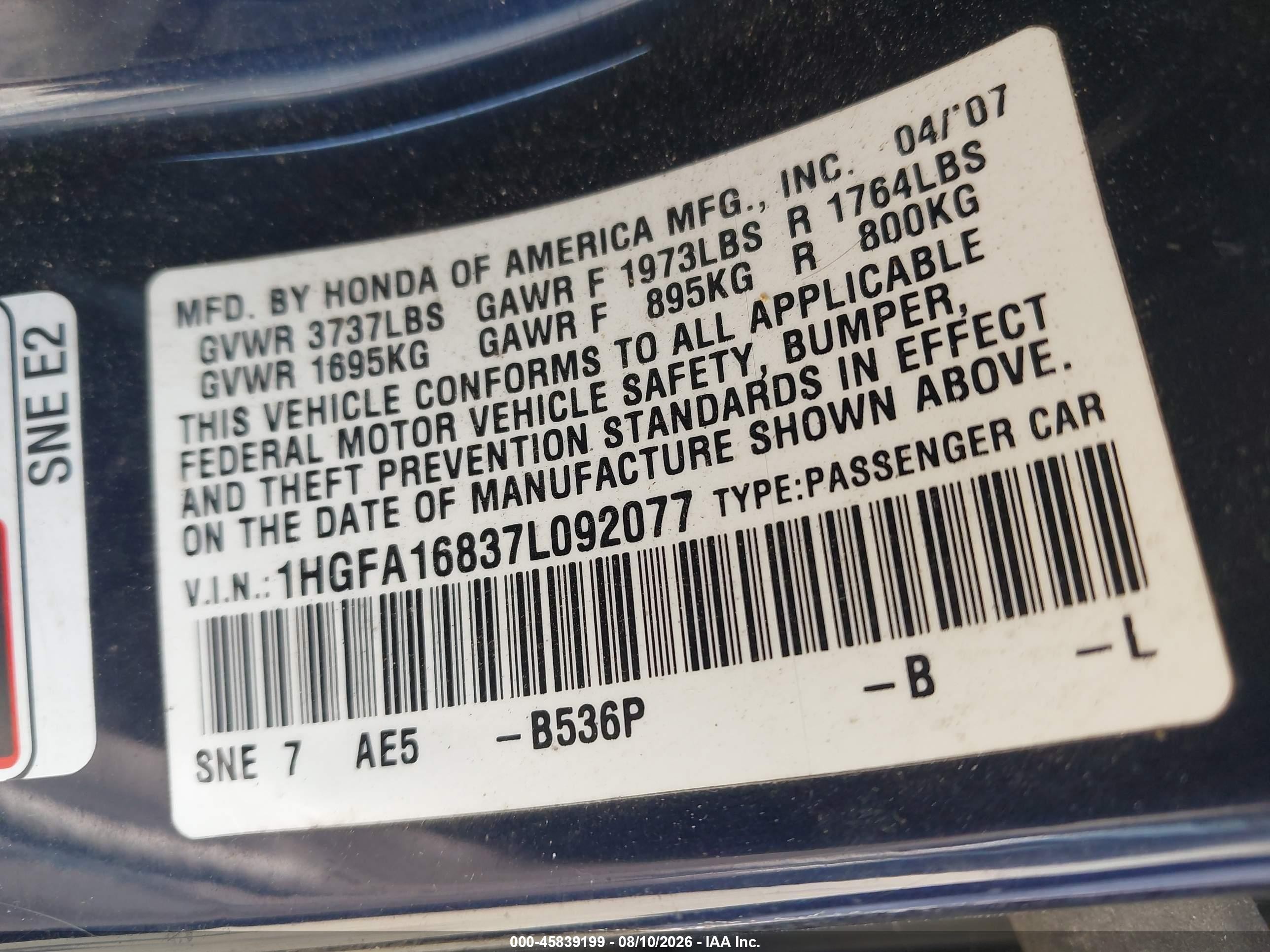 2007 Honda Civic Ex Blue vin: 1HGFA16837L092077