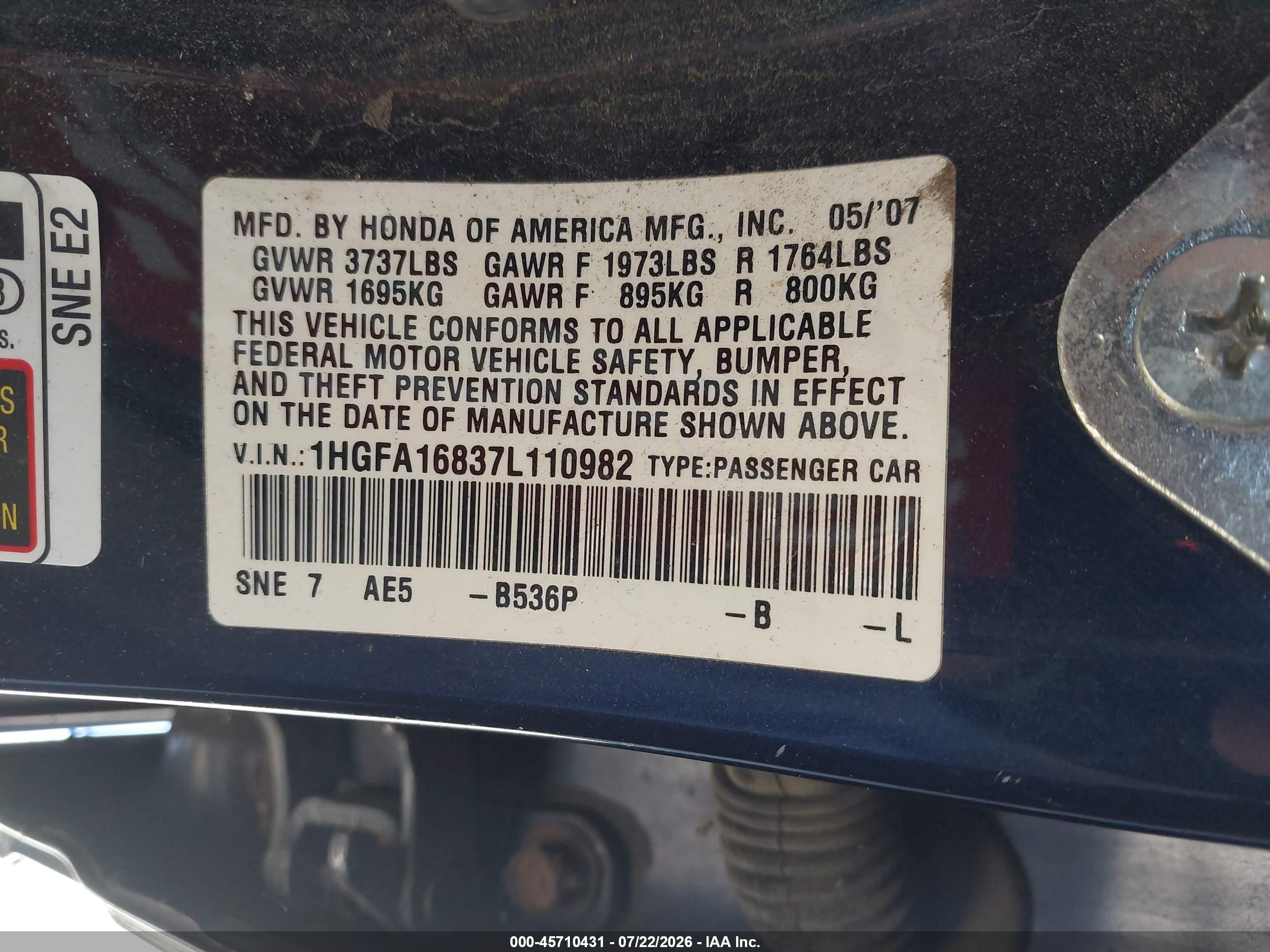 2007 Honda Civic Ex Blue vin: 1HGFA16837L110982