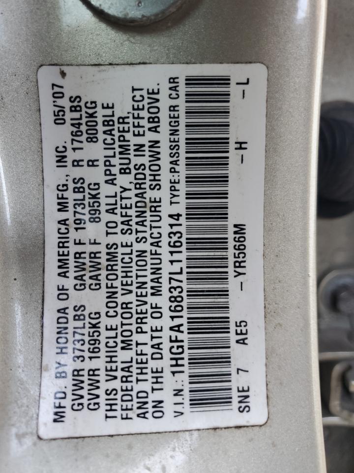 2007 Honda Civic Ex Gold vin: 1HGFA16837L116314