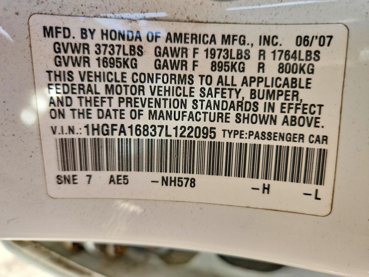 2007 Honda Civic Ex White vin: 1HGFA16837L122095
