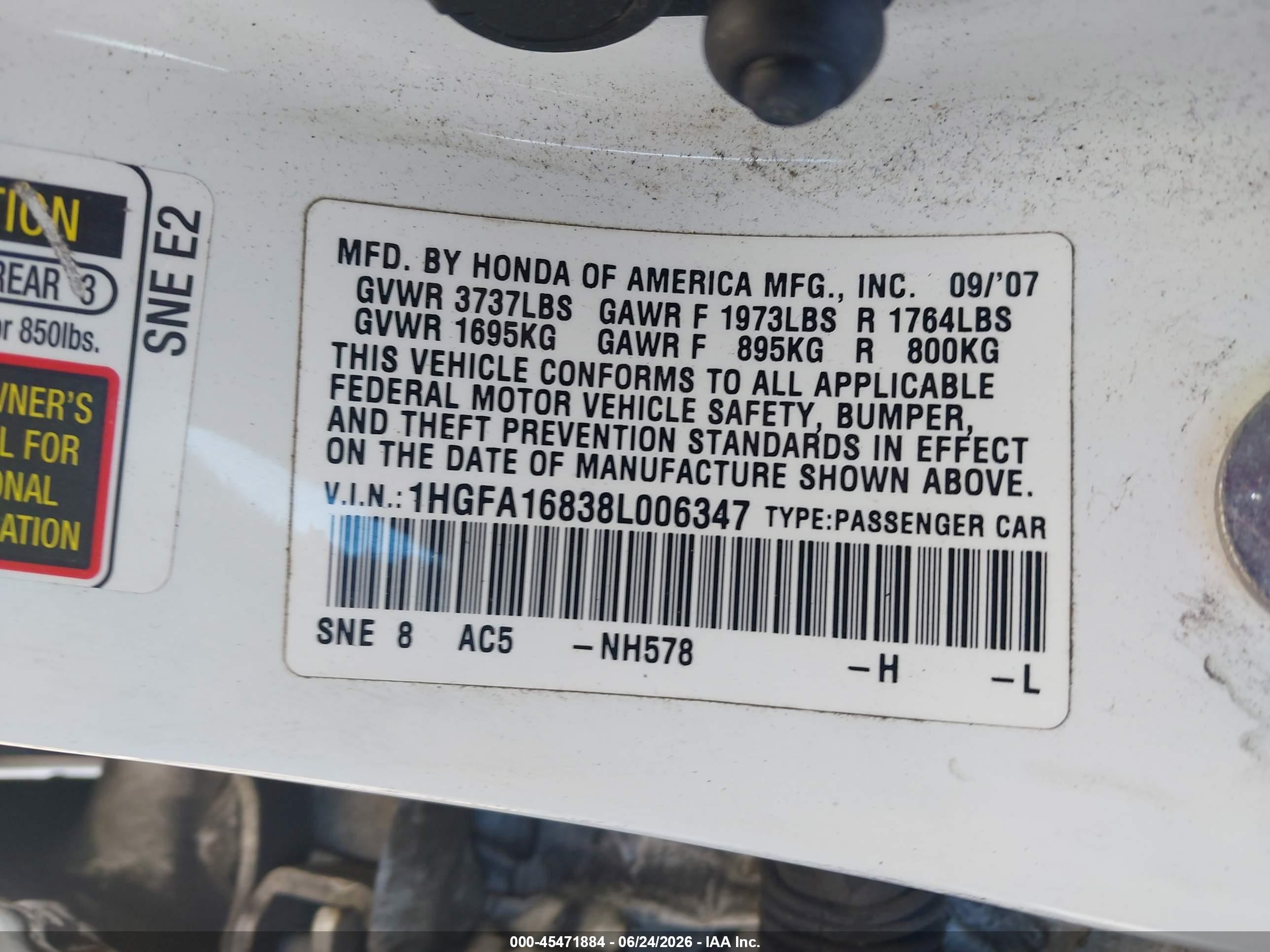 2008 Honda Civic Ex White vin: 1HGFA16838L006347