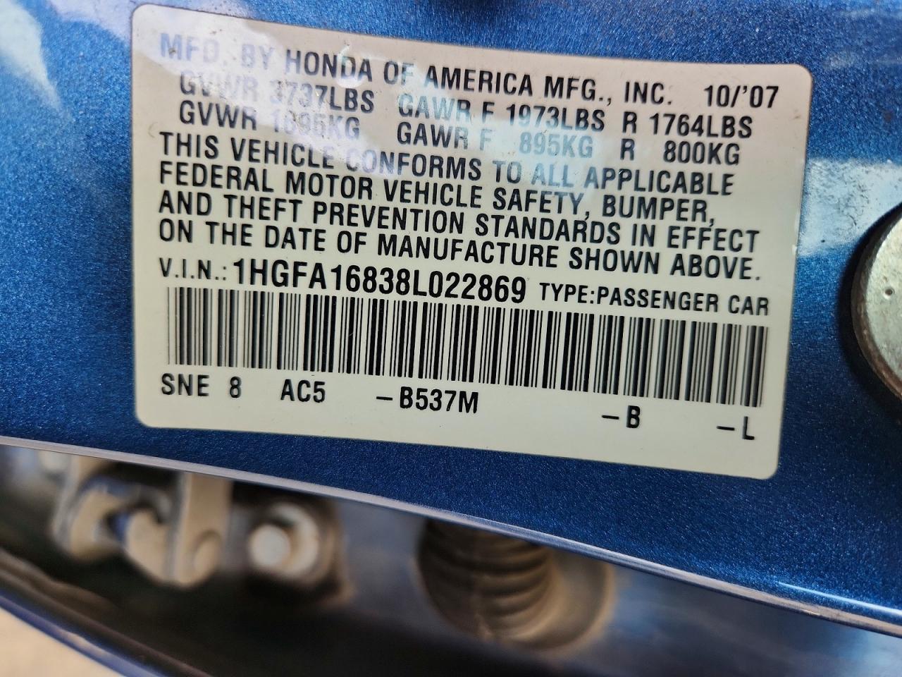 2008 Honda Civic 4d Blue vin: 1HGFA16838L022869