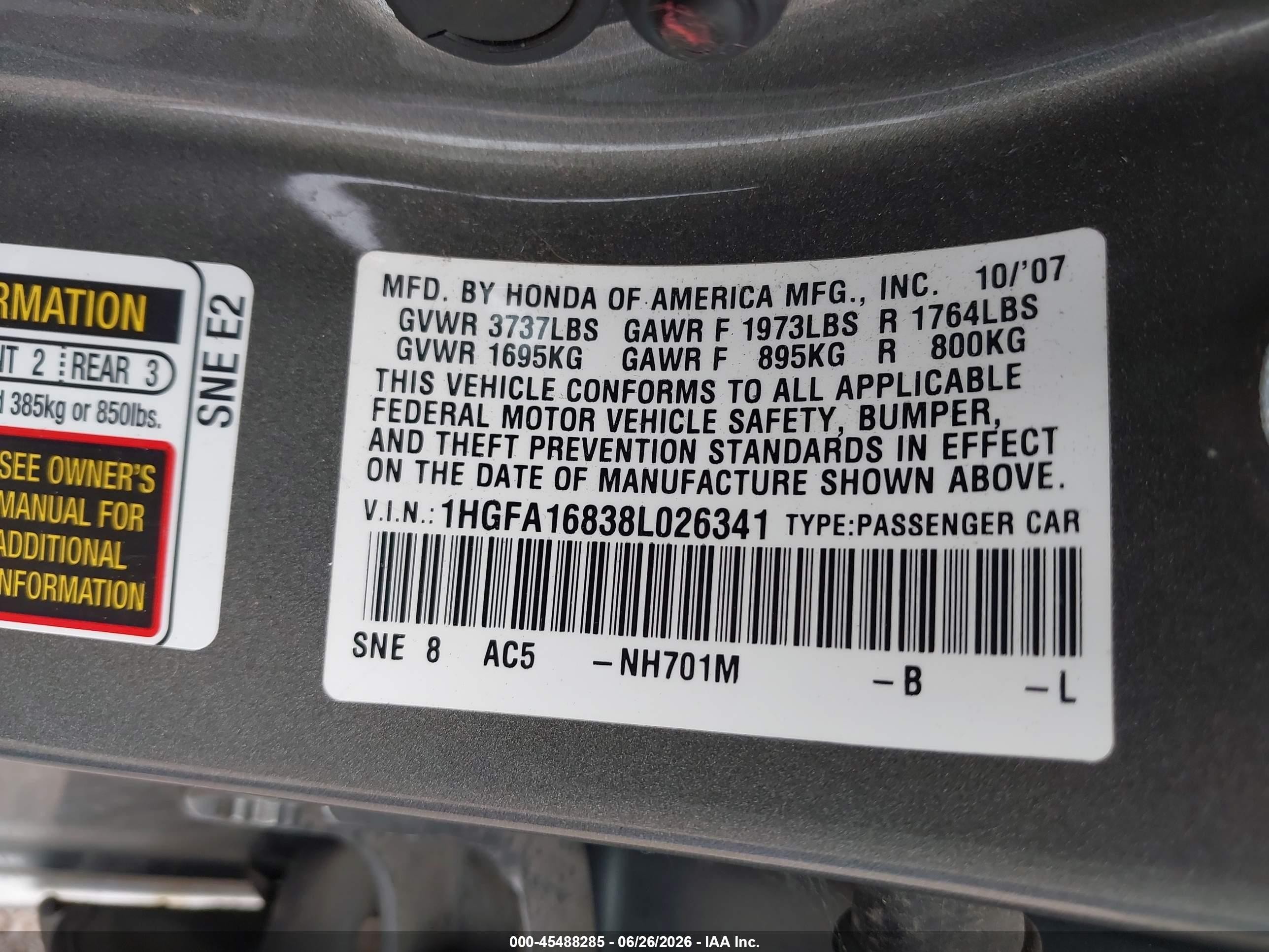 2008 Honda Civic Ex Gray vin: 1HGFA16838L026341