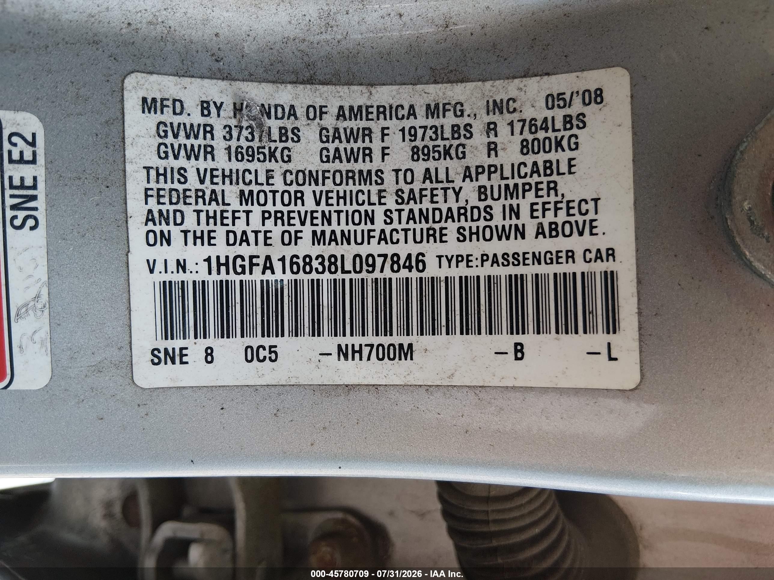 2008 Honda Civic Ex Silver vin: 1HGFA16838L097846