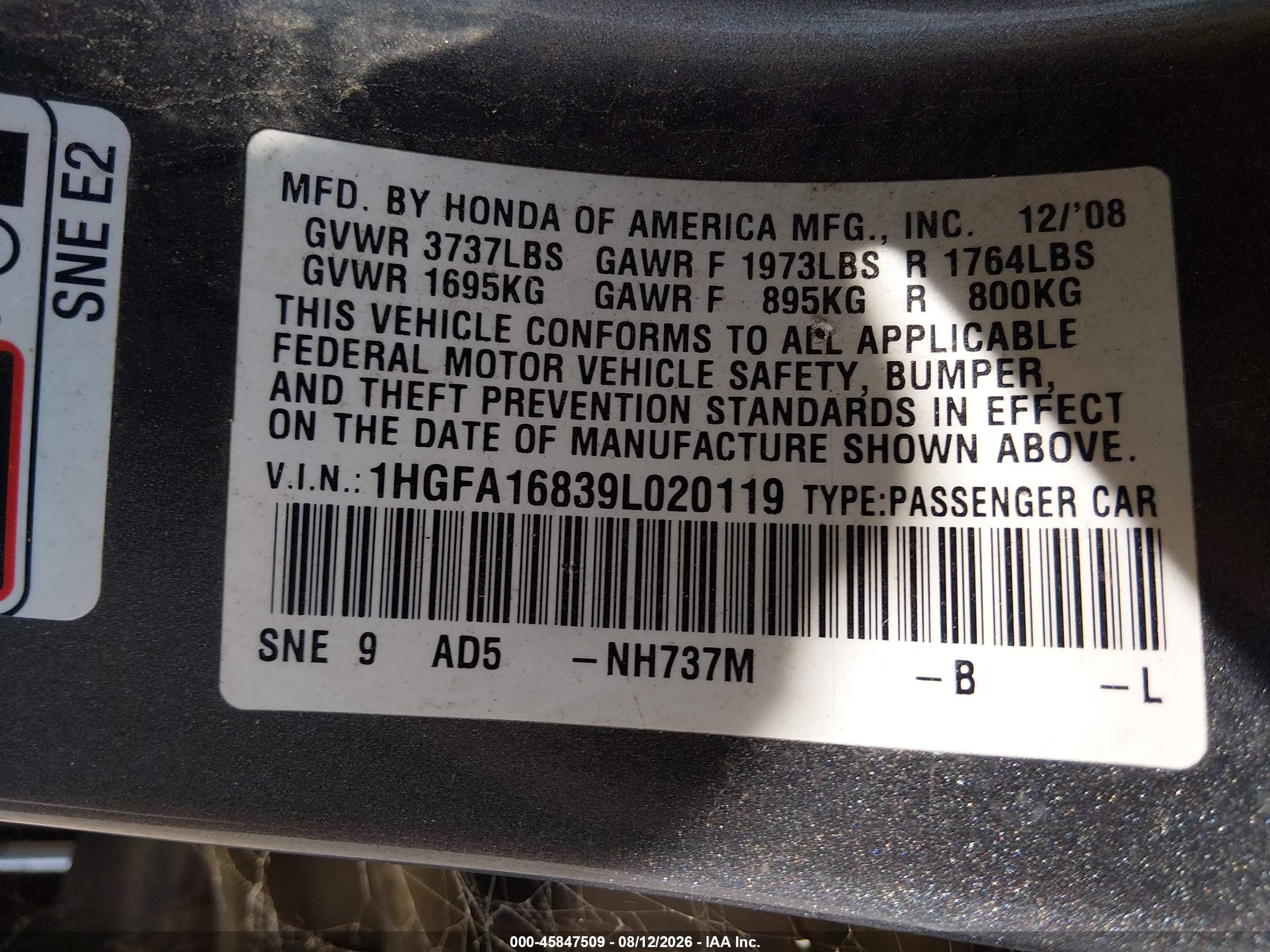 2009 Honda Civic Ex Gray vin: 1HGFA16839L020119