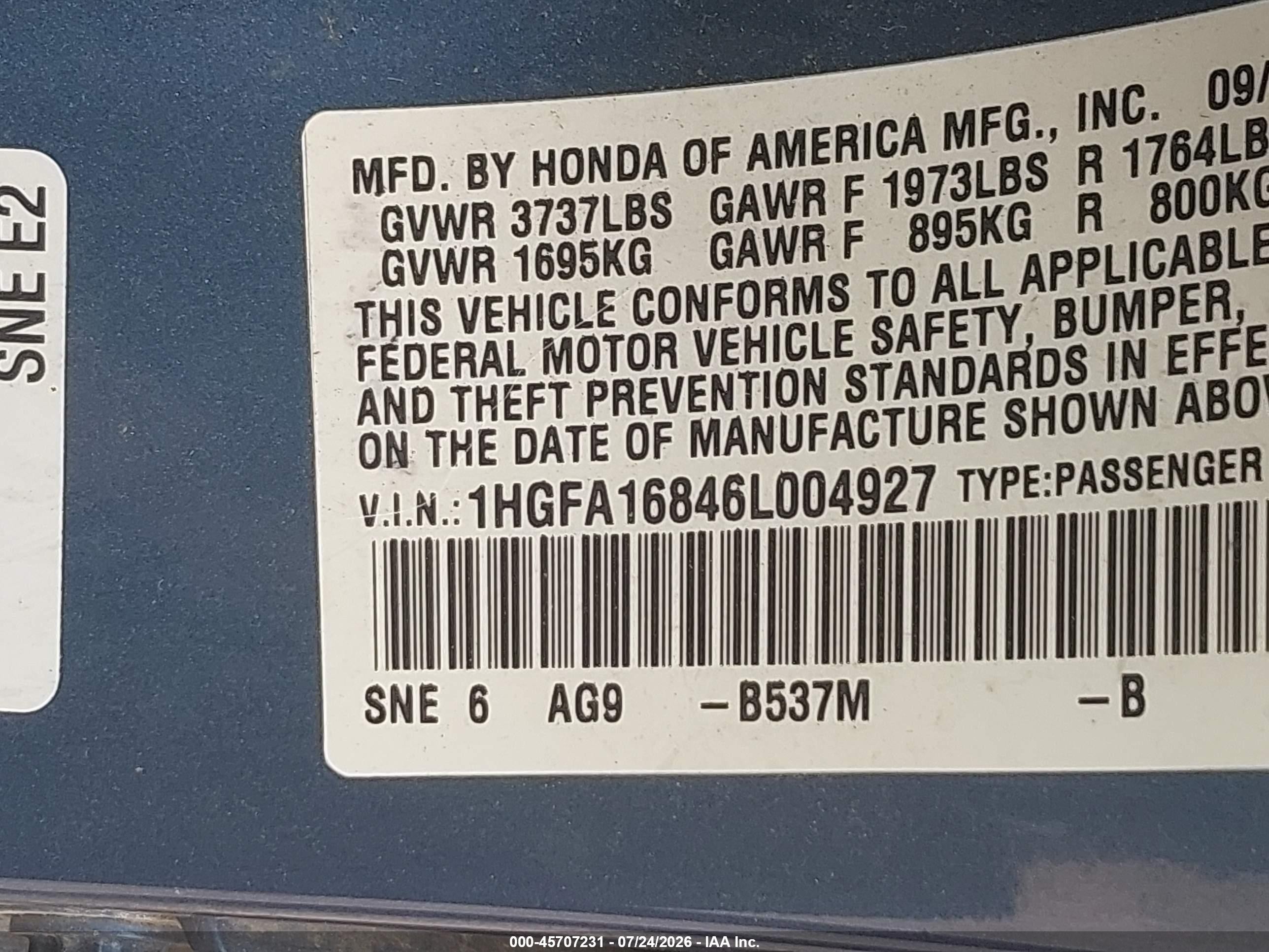2006 Honda Civic Ex Blue vin: 1HGFA16846L004927