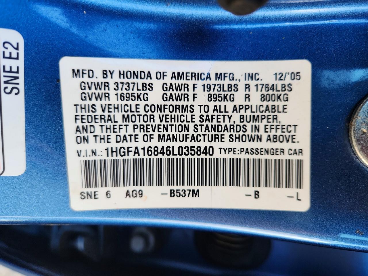 2006 Honda Civic Ex Blue vin: 1HGFA16846L035840