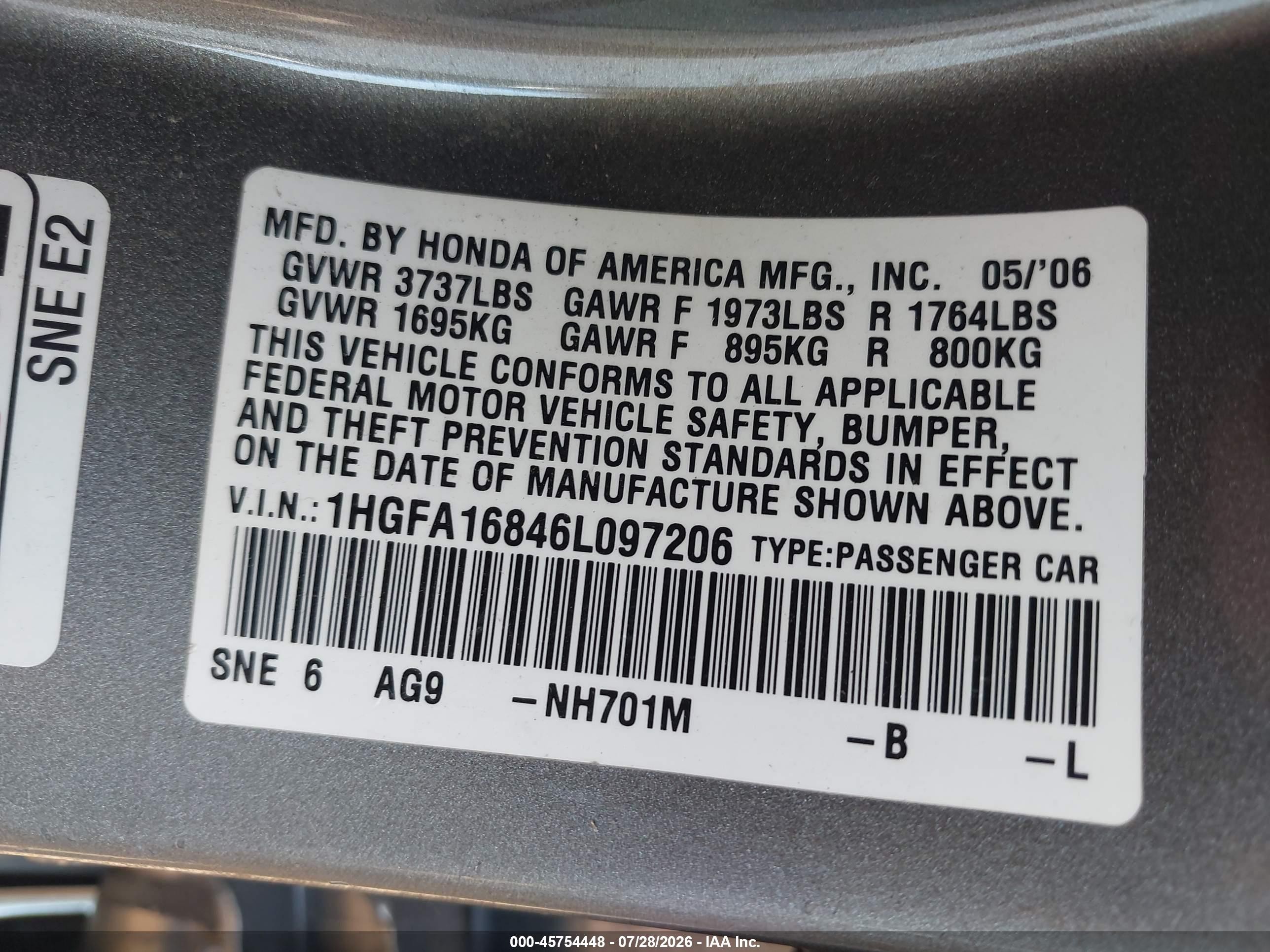 2006 Honda Civic Ex Gray vin: 1HGFA16846L097206