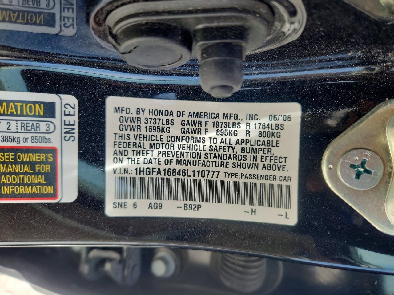 2006 Honda Civic Ex Black vin: 1HGFA16846L110777