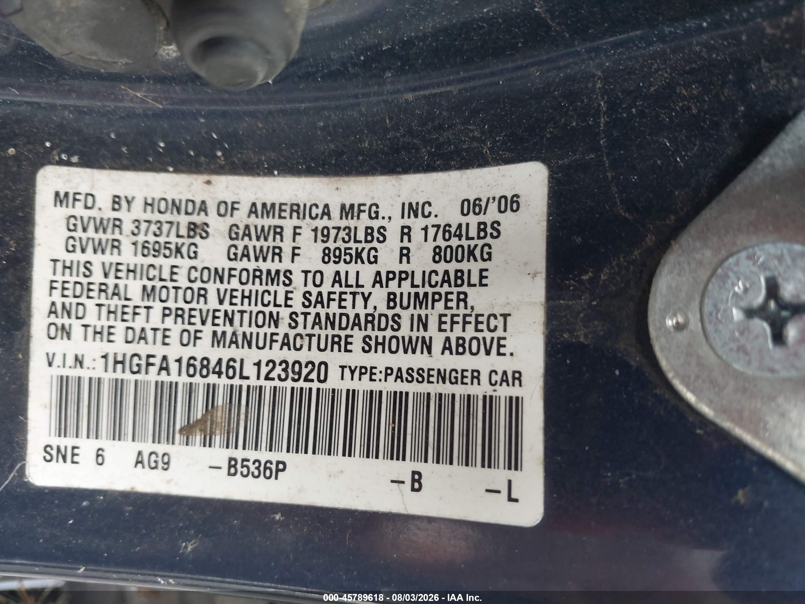 2006 Honda Civic Ex Blue vin: 1HGFA16846L123920