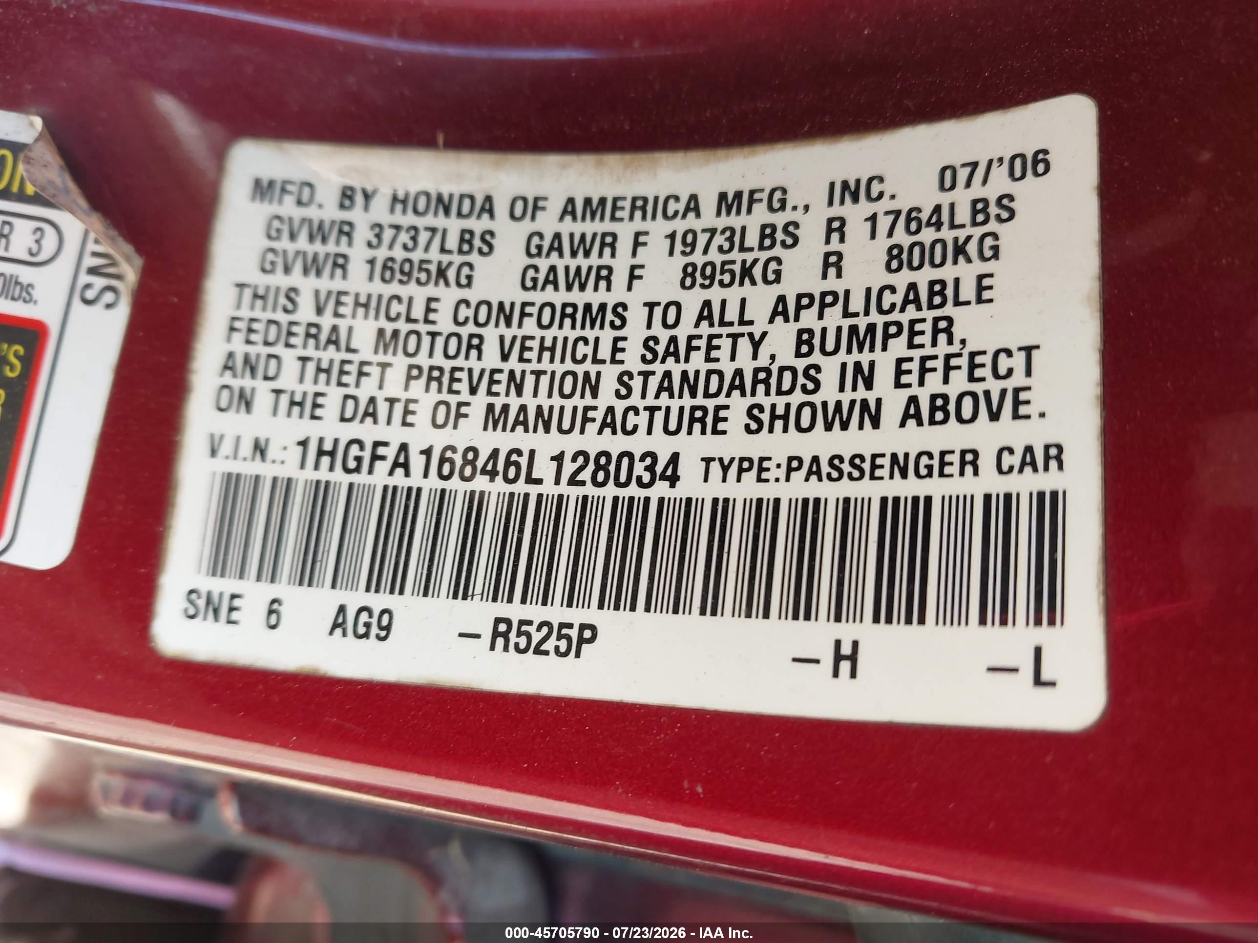 2006 Honda Civic Ex Burgundy vin: 1HGFA16846L128034